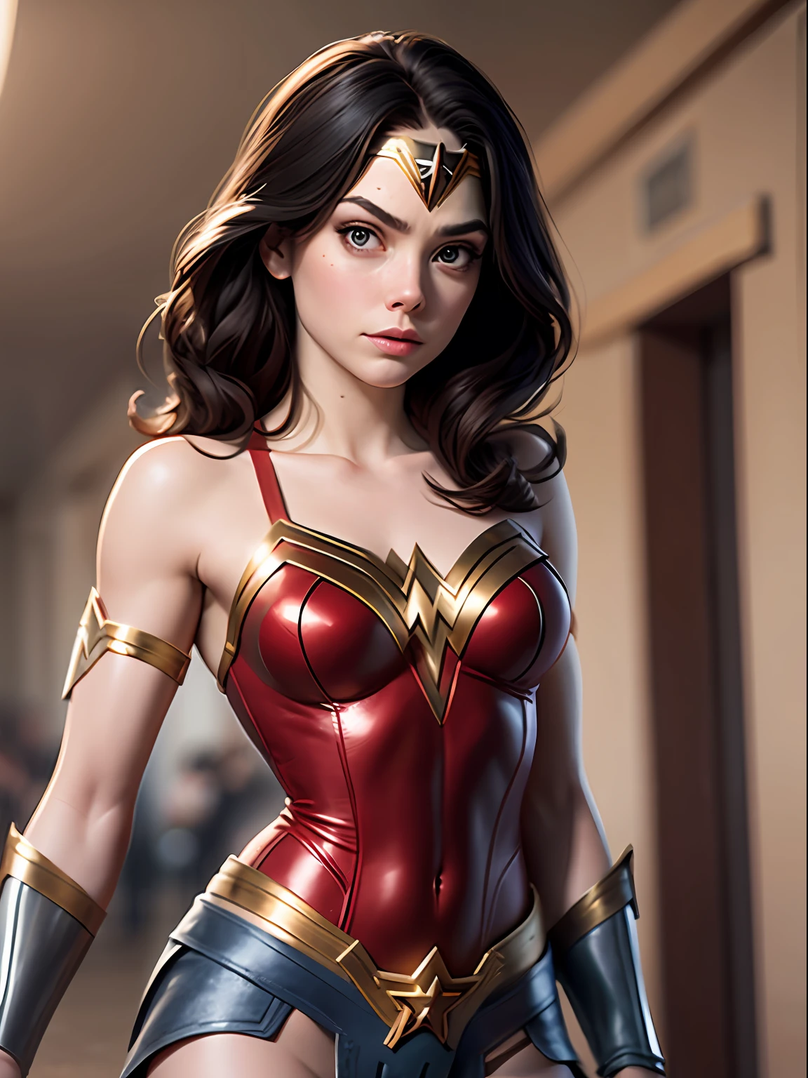 Emma Stone usando un disfraz de Wonder Woman, volador, cuerpo firme, una chica
