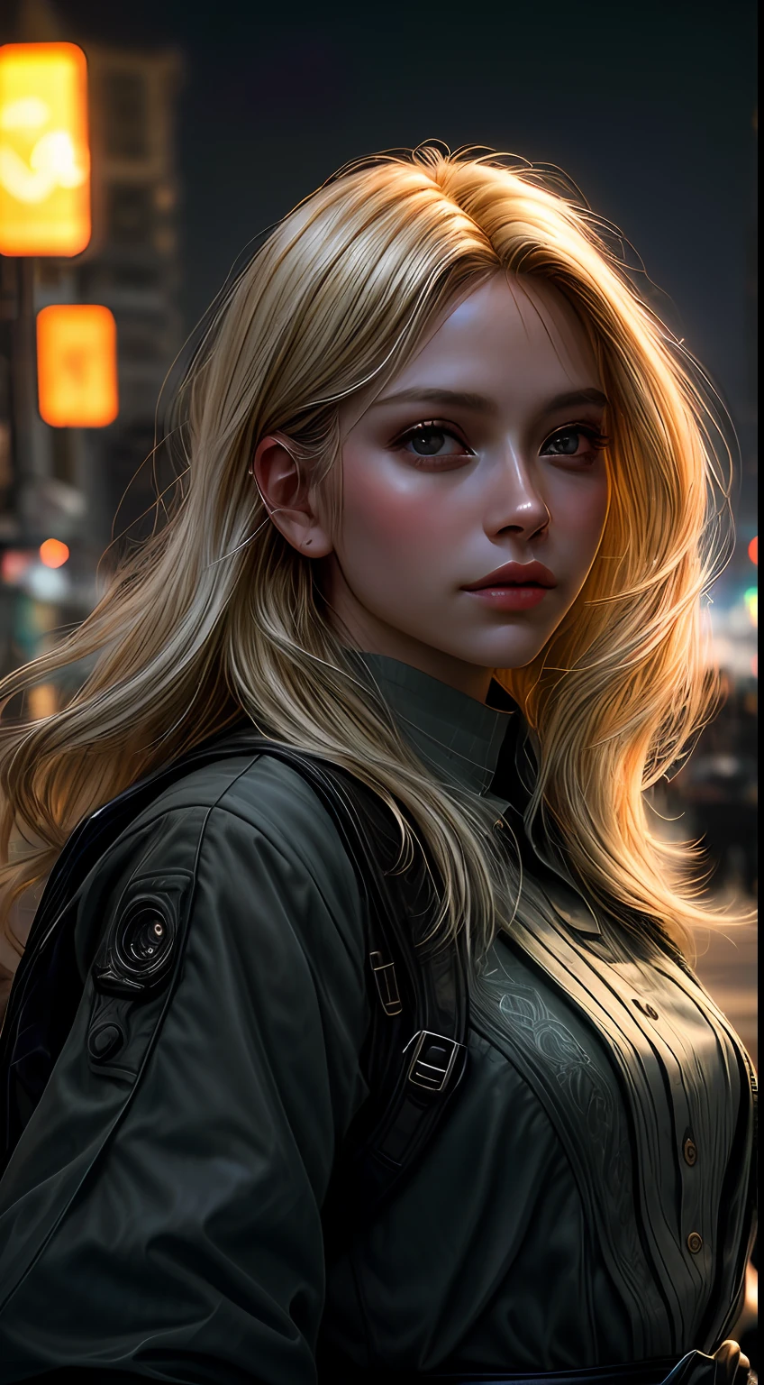 close up of a gorgeous young woman, blonde hair, candid, street photo, wind, busy city, nighttime, moon glow, natural skin texture, 24mm, 4k textures, soft cinematic light, RAW photo, photorealism, photorealistic, intricate, elegant, highly detailed, sharp focus, ((((cinematic look)))), soothing tones, insane details, intricate details, hyperdetailed, low contrast, soft cinematic light, dim colors, exposure blend, hdr, faded