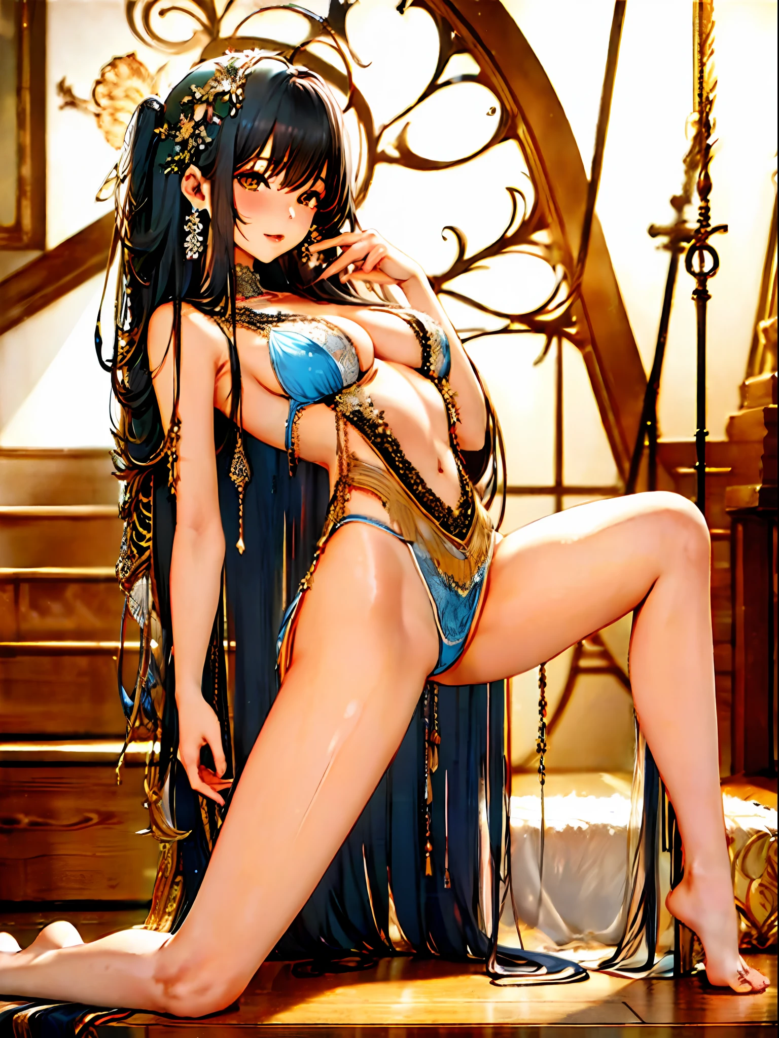 (Enrich the picture,Masterpiece level quality)Beautiful 8K CG artwork,Goddess-like posture,Kneeling exercise,Slim and soft,Translucent skin,Black hair、The beauty of extra-long hair, Super Long Straight Hair,The skin is fair and juicy,Big JK Uniform,Perspective Part 1.2x enhanced silhouette effect,Exquisite transparent blues pattern in pajamas,The details are intricate and exquisite,The background is slightly blurred,Charming and lustful leg seduction,Drool,Big breasts H cup,Blush,