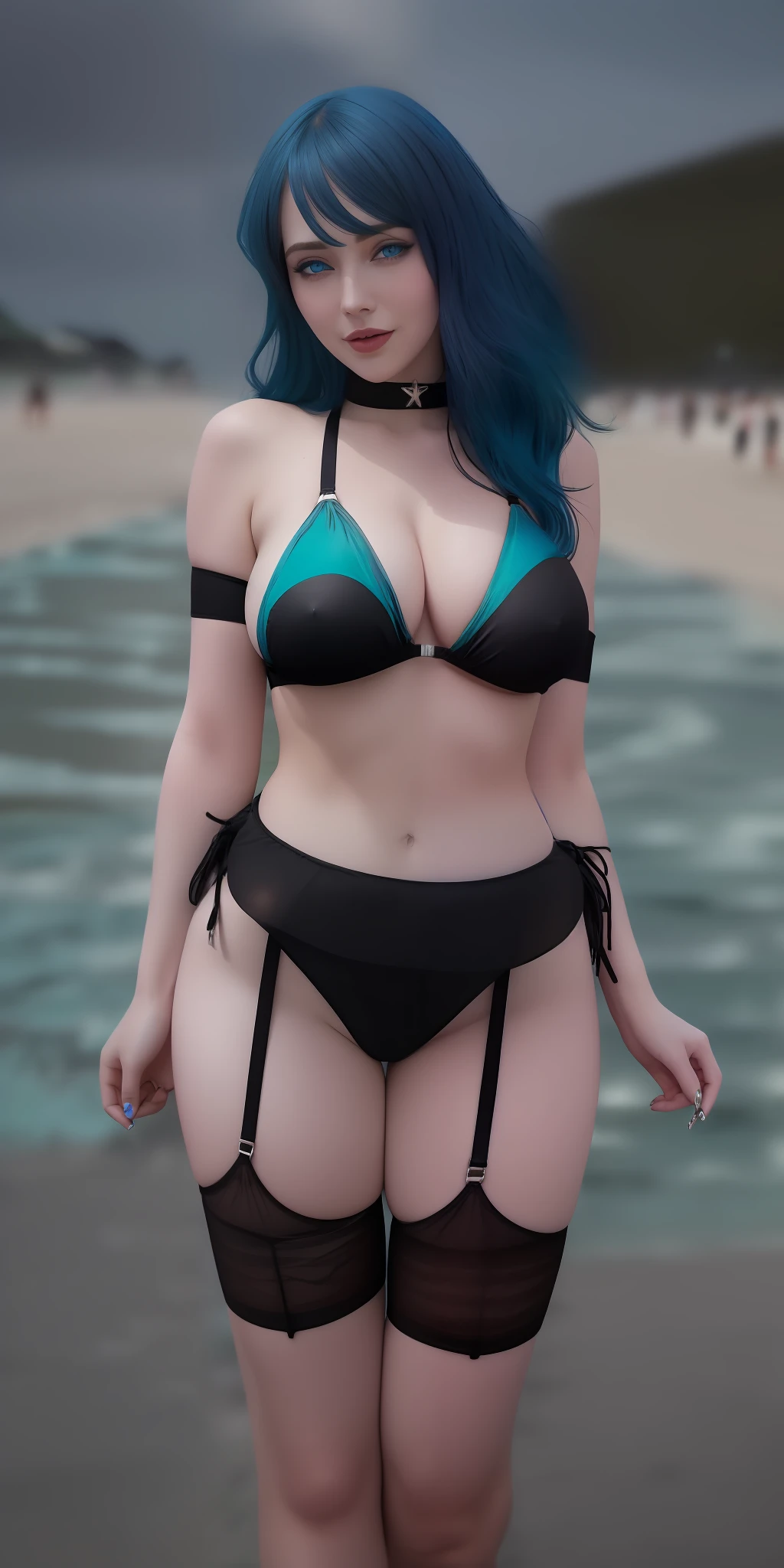 (rear view:1.2) (spoiled:1),(beady big shining blue eyes:1.3), ( black bikini:1.5),(drooping eyes:1.4), (beautiful beach:1.9), (thin lips:1.5),(big breasts:1.5),round face,(innocent:1.5),(blue hair:1.5), (looking at viewer:1),(smiling:1.3),(happy:1.2),lovely,( black garter belt:1.5),(1girl),(open mouth:1.4),(delicate touch),(8k),(4k),(absurdres),perfect lighting,charming,realistic,sexy pose, alluring, clean, beautiful face, pure face,pale skin,wet, sweat, Occidental face