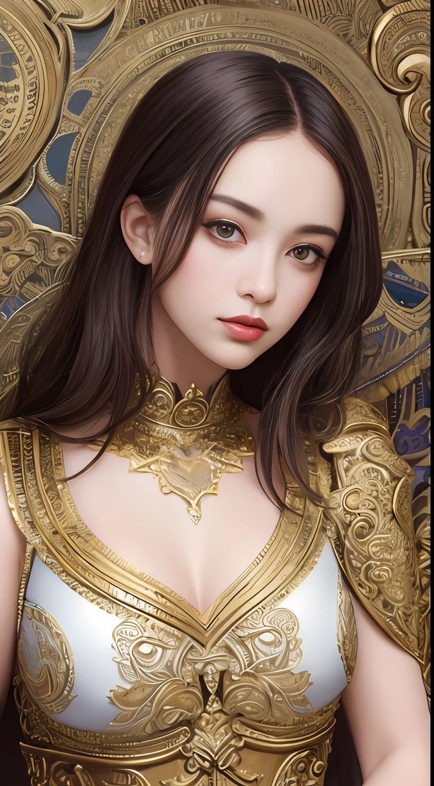 (masterpiece, top quality, best quality, official art, beautiful and aesthetic:1.2), (1girl), extreme detailed,colorful,highest detailed, official art, unity 8k wallpaper, ultra detailed, beautiful and aesthetic, beautiful, masterpiece, best quality, (zentangle, mandala, tangle, entangle) ,holy light,gold foil,gold leaf art,glitter drawing, PerfectNwsjMajic