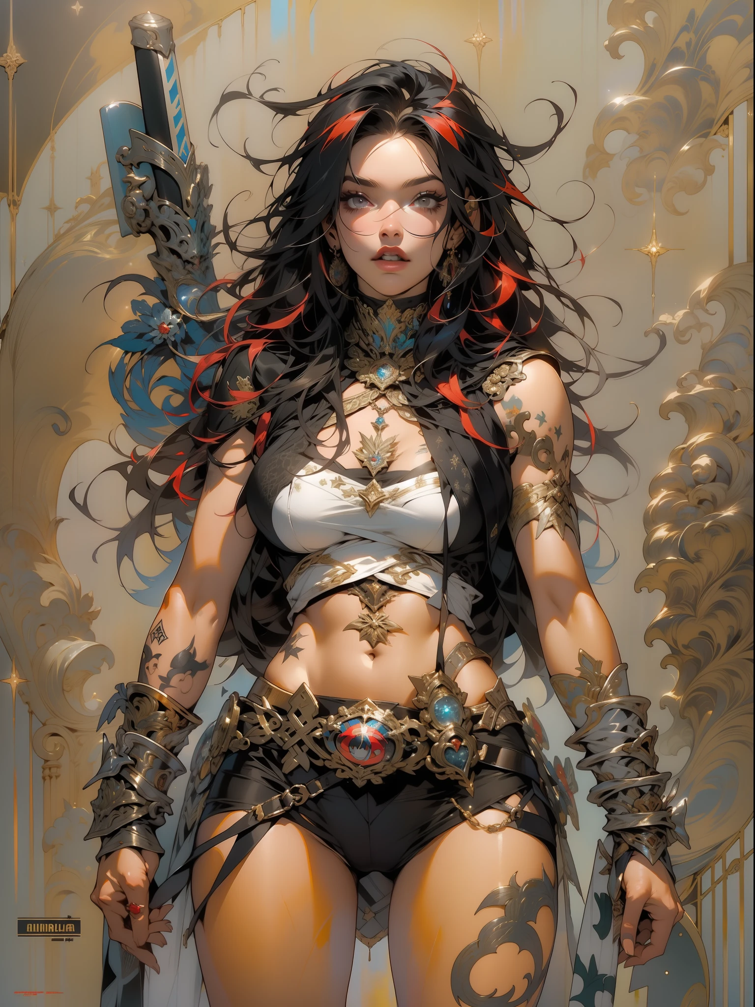 (((mulher))), (((melhor qualidade))), (((obra prima))), (((adulta))), Uma guerreira mulher de 35 anos com corpo perfeito, She-Lobo, (( under boobs )), quase nua no estilo selvagem urbano de Simon Bisley para a capa da revista Heavy Metal, cabelo loiro, Minimum clothing, armadura (vermelho escuro com estrelas brancas), cheio de pontas e rebites manchadas de tinta, tatuagem de estrelas de 5 pontas, (((corpo inteiro))), cabelo preto curto com franja branca cobrindo a testa