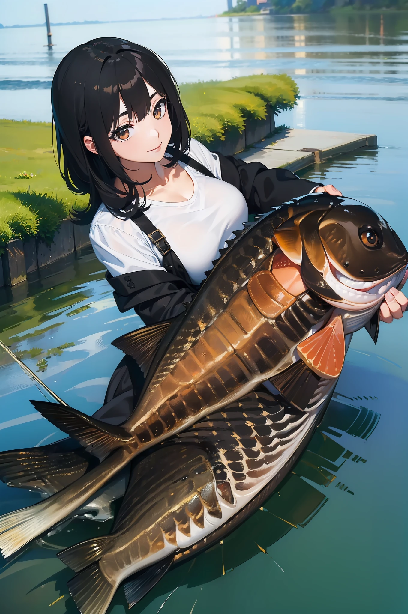 (((Catching a big blackbass by the riverside:1.2))),((Best quality, 8k, Masterpiece :1.3))black hair, longeyelashes, solid circle eyes, light smile, drop shadow, atmospheric perspective, 8k, super detail, ccurate, best quality, middle breasts,black jacket, light blue jeans,