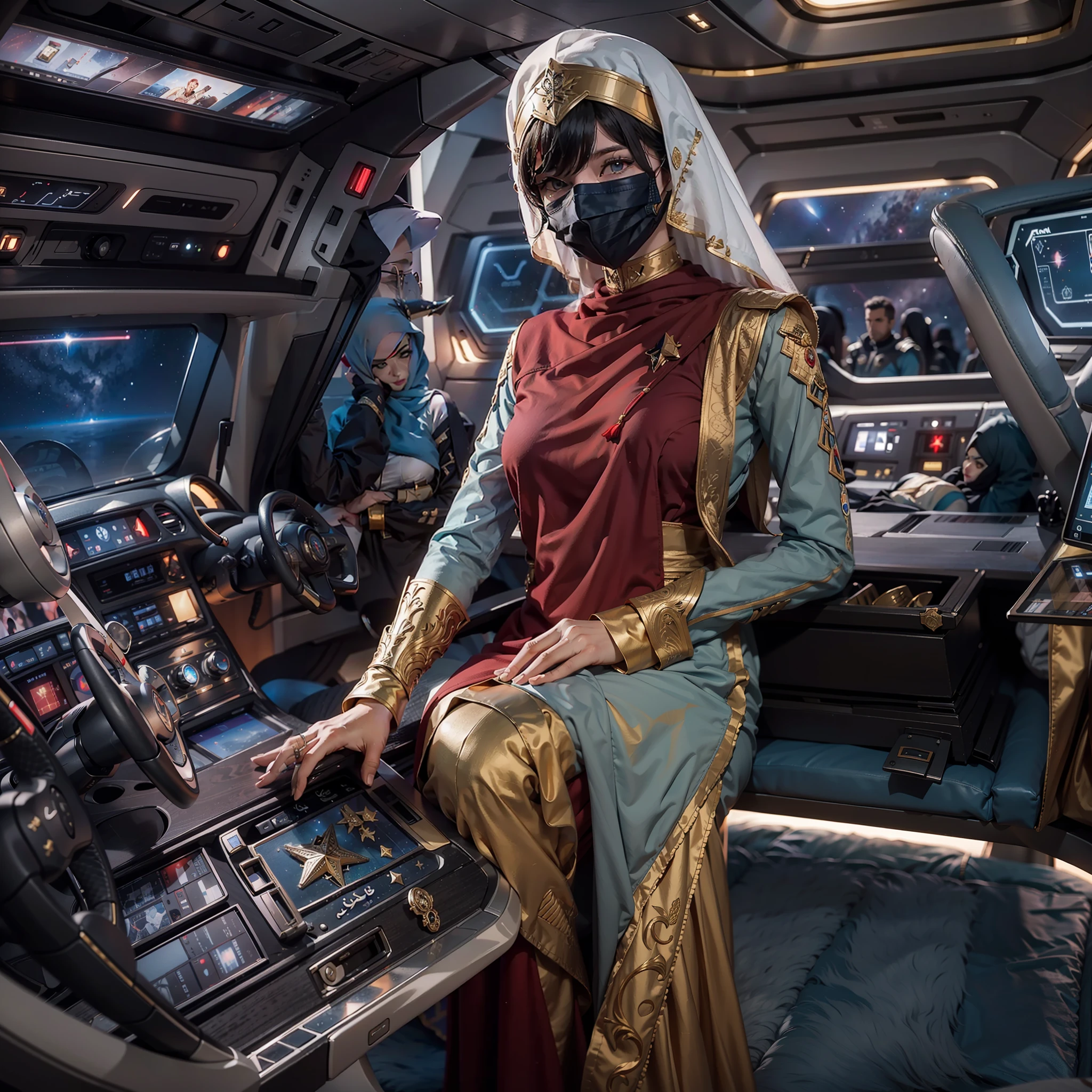 Arabic version《Star-Trek》,Female version《Star-Trek》,Arab female version of James,Arabic hijab,Veil masked,Arabian luxury Starfleet gold livery,Sitting in the cockpit of the Enterprise,The Arab women's version of Spock and the Arab women's version of McCoy,Wear an Arabic headscarf,Veil masked,Wearing an Arabian luxury blue uniform and a red uniform,Stand behind him,The Arabic version of high-tech enterprises travels through space,High-tech and Arabic style,All high-tech masks are worn