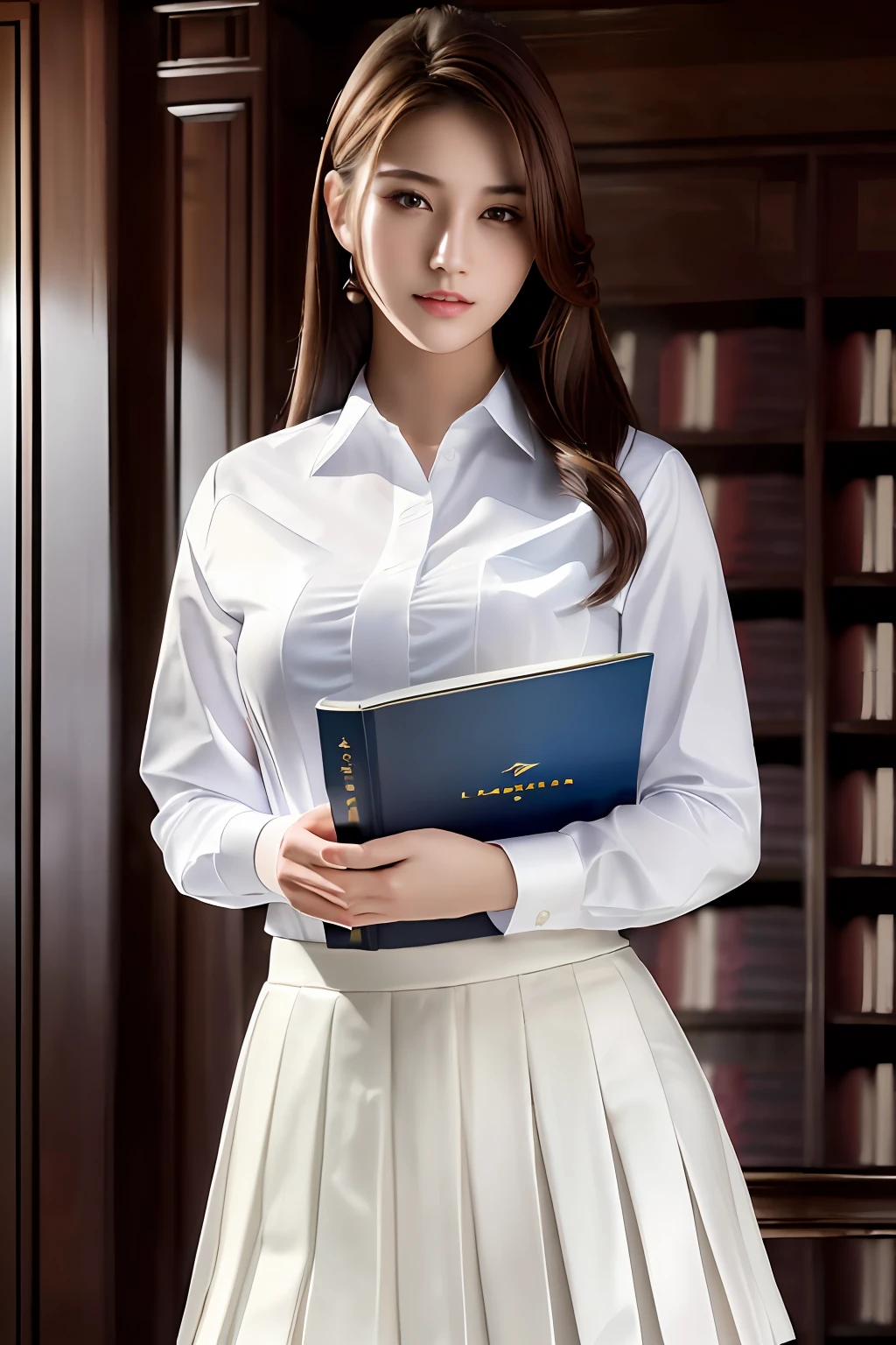 masterpiece, best quality, ultra high res, (photorealistic:1.4), beautiful lighting, RAW photo, 8k uhd, ultra detailed face, realistic lightning, beautiful girl, sweet girl, ((wearing white shirt and  long pleated skirt)), library,  long shot, shy, hiding face behind book,