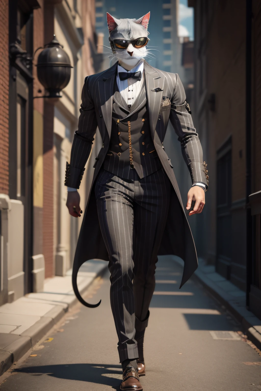 gray cat with black stripes wearing a steampunk style suit and steampunk goggles, ultra realistic, 8k, highly detailed