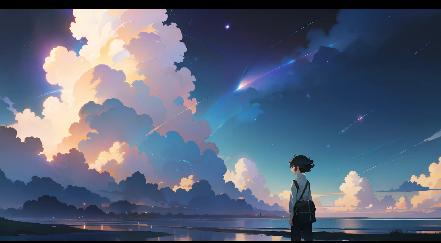 There is a picture of the sky with clouds and stars, space sky. By Makoto Shinkai, Anime Sky, Anime Clouds, Blue Sea. Makoto Shinkai, Makoto Shinkai's style, Makoto Shinkai's style, Los Tran. Inspired by the scenic background, Makoto Shinkai, Makoto Shinkai. - H 2160, summer, Makoto Shinkai concept art, tumblr, magical realism, beautiful anime scene, beautiful sky. Makoto Shinkai, ((新海誠)), anime background art, anime background, Makoto Shinkai's style, anime movie background, galaxy express, no human