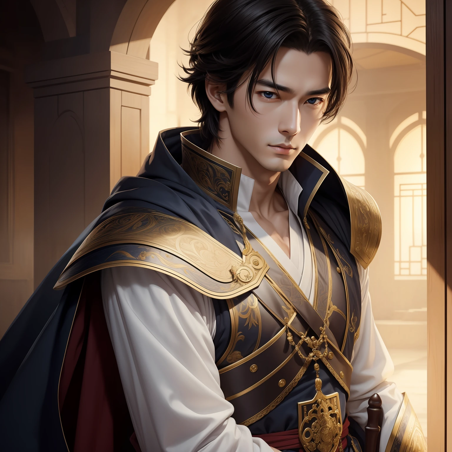 (masterpiece)8K分辨率、top-quality、Delicate and well-formed eyes、Handsome man in knightly clothes、Model Style、Rin々Shishi Face、fantasy-inspired、