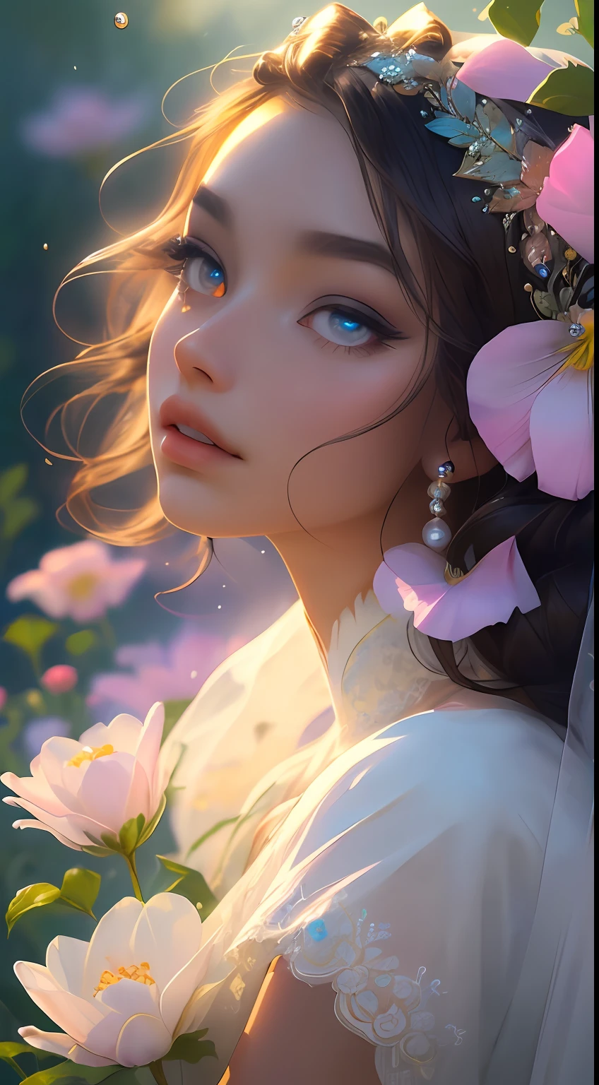 The colors in this image are soft and draw inspiration from gentle watercolors and should be primarily pink. Generate a delicate and tranquil flower princess with soft hair dancing in the wind and intricately braided. Her sweet face has puffy, kissable lips and stunning, highly realistic eyes. She has beautiful eyes, hires eyes, 8k eyes, beautiful detail eyes, beautiful detailed eyes, realistically shaded eyes, and realistic eyes in vibrant colors. She is wearing delicately detailed fabric of gossamer silk and satin. Small pink gemstones and cream pearls detail her clothing. She sits in the midst of the most beautiful meadow in the world and is surrounded by beautiful flowers of varying sizes and colors. The background is wild and unruly, with delicate flowers dancing in the wind and creating a dynamic and compelling image. An ornately flowered headdress adorns her head and soft petals fall around her. The flowers are realistic and very detailed and come in different shapes and sizes, some with iridescence and others with varying shades of pink and blue. Include a soft watercolor sky. The background is wild, with delicate flowers dancing in the wind and colorful pollen filling the air. Include realistic hair and skin texture. Include fantasy details, enhanced details, iridescence, colorful glittering wind, and pollen. Pay special attention to her face and make sure it is beautifully and realistically detailed. The image should be dreamy and ethereal. Include intricate fantasy details. 8k, intricate, elegant, highly detailed, majestic, digital photography, art by artgerm and ruan jia and greg rutkowski surreal painting pearl butterfly filigree, flower petals, (masterpiece, finely detailed beautiful eyes: 1.2), hdr, realistic skin texture, ((ornate)), ((intricate)), ((fantasy00d:1.2)), rays of light, (add details), (add more details), highly detailed, ornate flowers, dew drops, sunlight, rays of sun