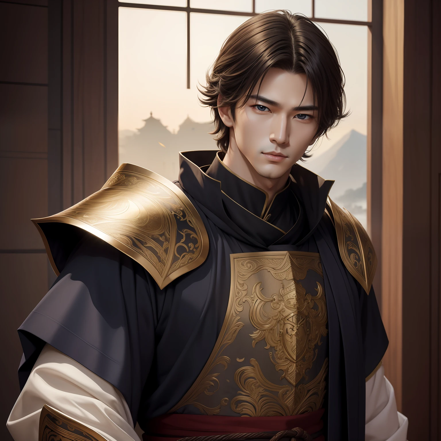 (masterpiece)8K分辨率、top-quality、Delicate and well-formed eyes、Handsome man in knightly clothes、Model Style、Rin々Shishi Face、fantasy-inspired、