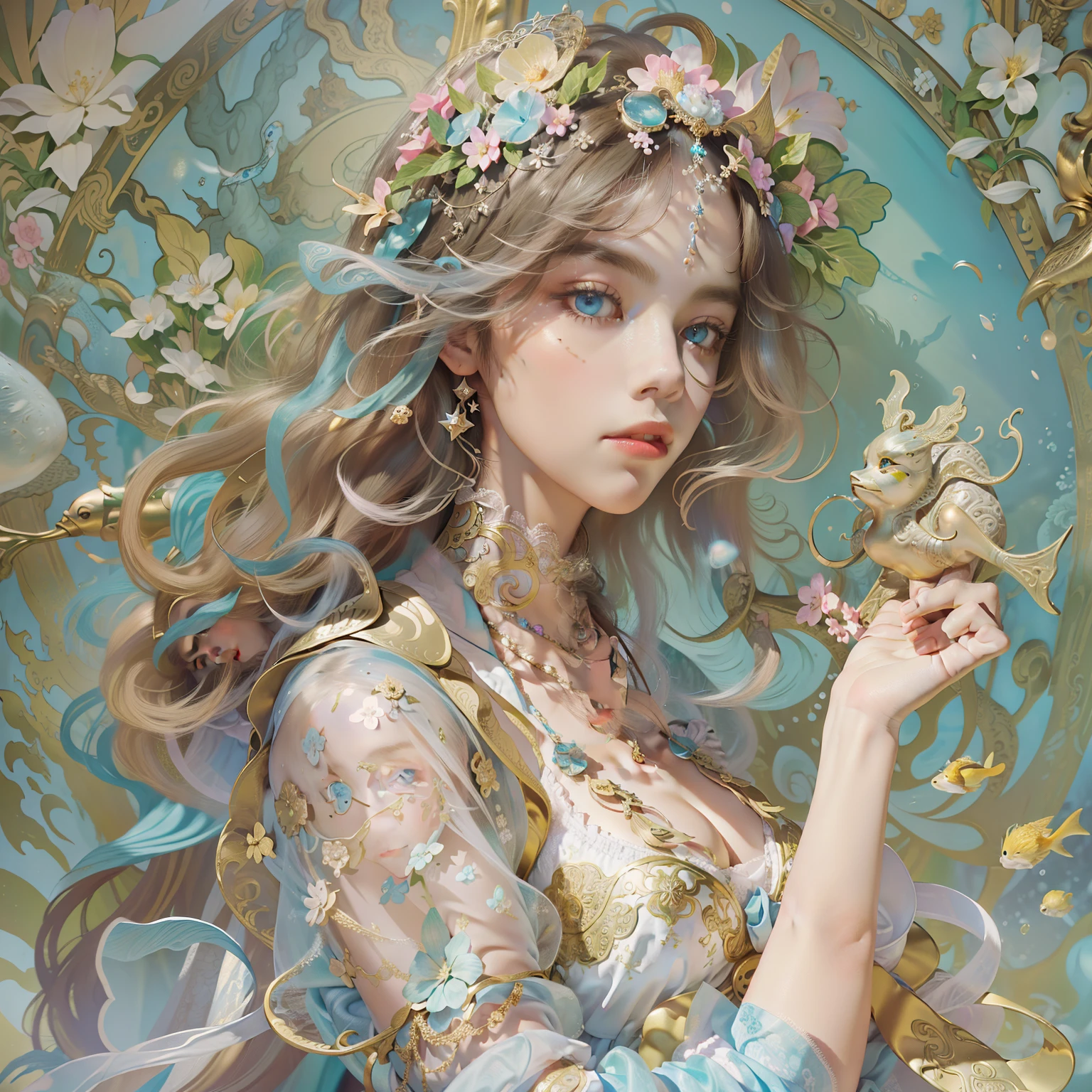 (drawing by alfons mucha, girl, masterpiece, rococo dress, intricate ornate, baroque, long curly hair, hyperdetailed, queen, art noveau, royal dress)0.78, beauty, lichen, lace, (fish)1.2, underwater, bubbles, coral, starfish, conch, pale blue eyes,