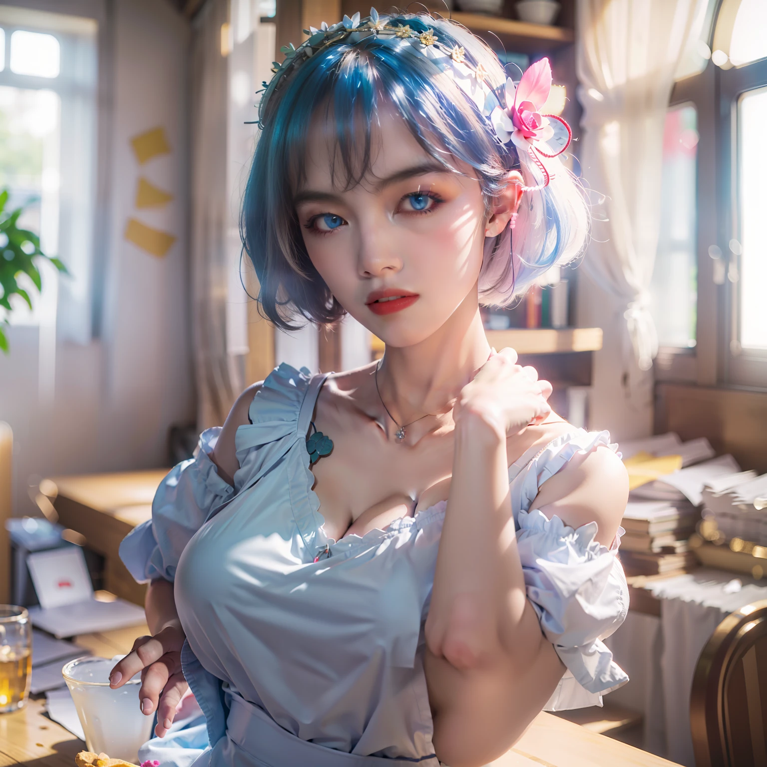 r_Big breasts and big breasts_m, 1girll,(Beautiful face:1.25) Short blue hair, Blue eyes, hair on one eye, hair adornments, pink hairband, rem's maid uniform, Detached sleeves, (Realistic:1.7),((Best quality)),absurderes,(超高分辨率),(Photorealistic:1.6),Photorealistic,rendering by octane,(Hyperrealistic:1.2), (photo-realistic face:1.2), (8K), (4K), (Masterpiece),(Realistic skin texture), (illustration, Cinematic lighting,the wallpaper),( Beautiful eyes:1.2),((((Perfect face)))),(Cute),(standing),((view the viewer)),(Dynamic pose:1.3), Upper body, standing,Indoors, Living room, sofe, gauges, window