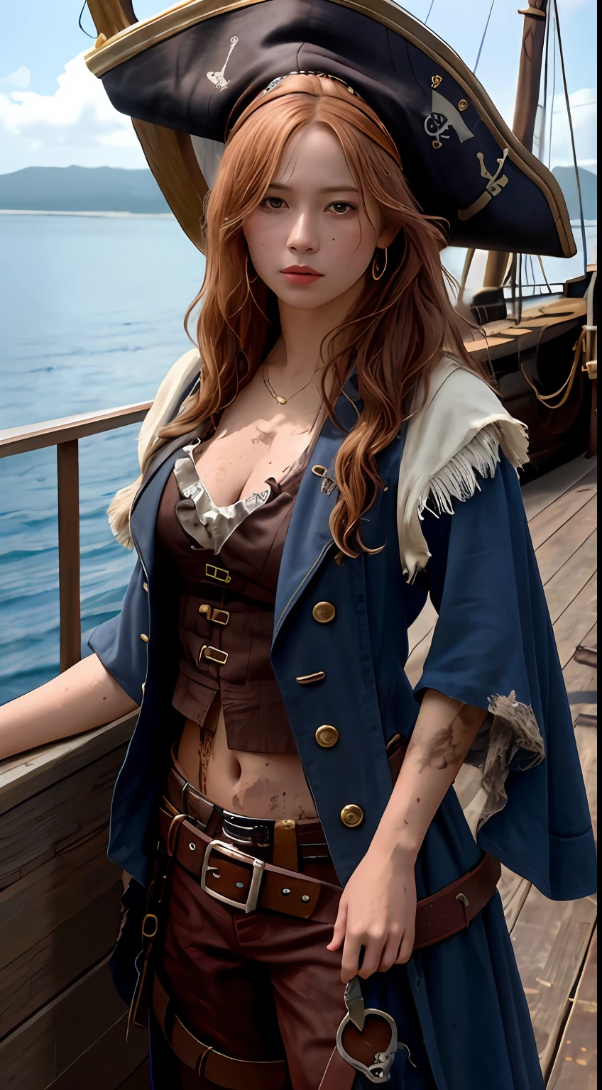 Dramatic lighting, Highest quality, film movie still, (Charming Anne Bonny, Dressed in dirty tattered pirate costumes, Stand on the deck of a pirate ship docked in a Caribbean port), grimy, Dark atmosphere, Toned body, (ripped clothing:0.8), Perfect face, view the viewer, (Detailed skin), [Tattoos], [freckle], ((Dirty)), (muddy), (dark cloude:0.7), (Stormy weather:0.5), Dull, Natural lighting, (direct light:0.4), 8mm film grain, photographed on a Sony a9 II, 24mm lens, f/2.8 aperture, Deep focus, (primitive), 8K, (Stills from《The Lost Pirate Kingdom》)
