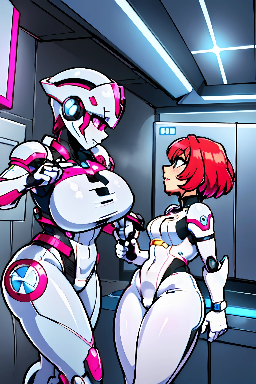 ((anime masterpiece)) female figure, female robot, robot-like nurse, (anime style) in a med room, hospital room, futuristic technology, tech, intricate designs and patterns,  high tech neon, Immerse yourself in the pulsating energy of a futuristic city at night, reminiscent of 90's sci-fi space anime. The hospital room is a mesmerizing dance of neon lights, and short pink-haired robot doctor in an eye-catching, sleek suit glides with elegance among the patients. Her movements echo the grace of a dancer, as she expertly tends to their needs. The robot nurses, resembling characters from a 90's sexy anime, assist her with a touch of allure and charm, all while providing top-notch medical care in this captivating dreamscape. (similar to a pretty Cortana) (similar to a pretty Ironman (ironwoman)) closed room, mother figure, face 20 years, a woman's armor with intoxicating curves, enchanting charm, and plump chest, with a high degree of anthropomorphism, the armored body is composed of a human body wearing a white tight one-piece leather suit, the skin of the character's face is mechanized into white mechanical skin, the whole body of the mecha