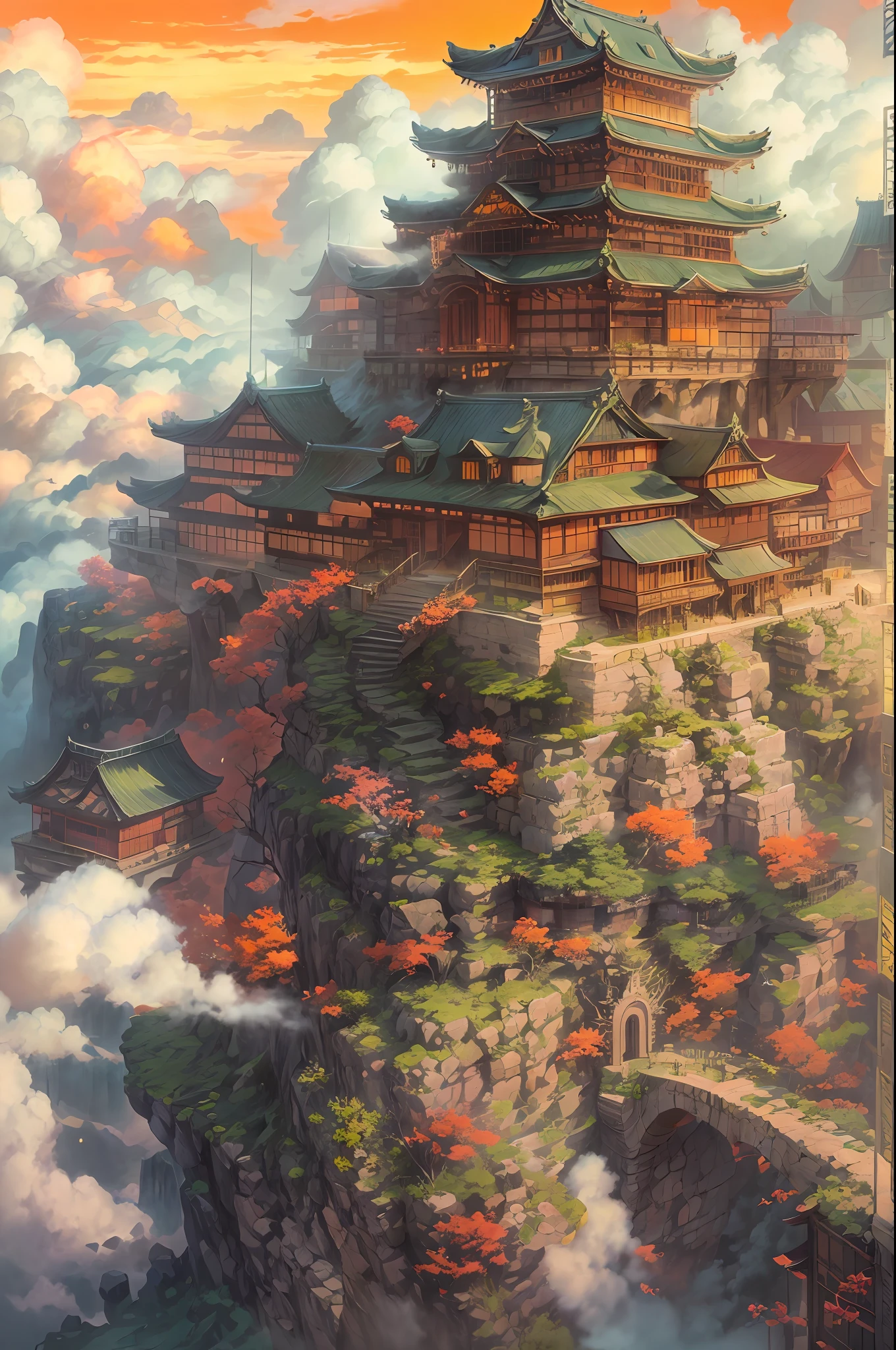 "A breathtaking sky castle, resembling a magnificent Japanese fortress, flying gracefully in the vast sky above the cloud, bathed in the warm radiance of the sun, exuding a vivid and awe-inspiring palette. Masterpiece."