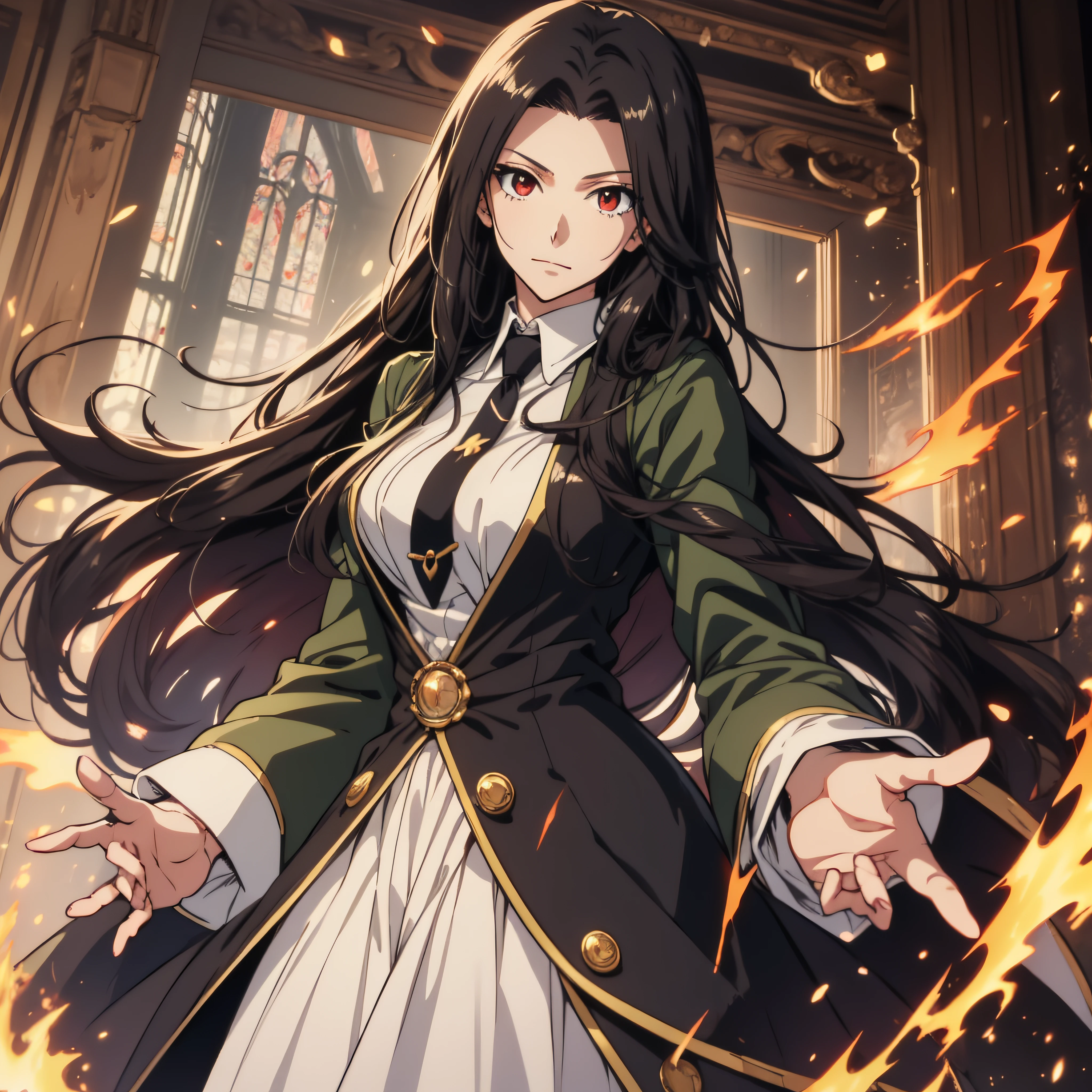(ultra-detailed, perfect pixel, highrest, best quality), 20 years old Anime girl, smooth anime artstyle, long raven hair, slightly wavy hair, parted bangs, black hair, gradient hair color, Magus, ((red eyes)), detailed eyes, beautiful eyes, long black coat, white shirt, ((neckwear, long tie)), black skirt, aristocrat, noble attire, beautiful, ethereal, elegant, prestigious, indoor, royal, kingdom, particle effect, smooth smoke effect, fire flame, lightning, magic light, standing, looking at viewer