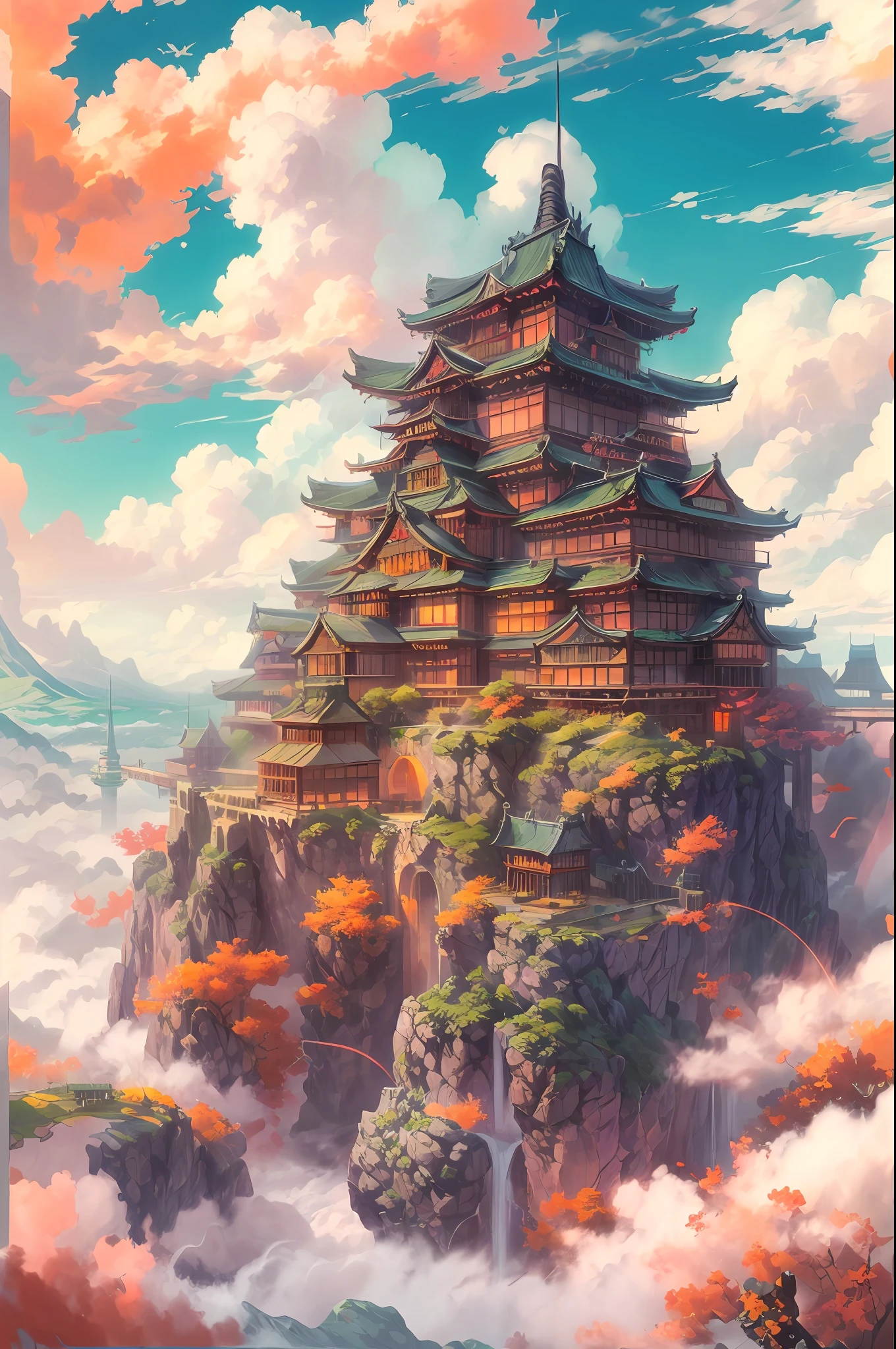 "A breathtaking sky castle, resembling a magnificent Japanese fortress, flying gracefully in the vast sky above the cloud, bathed in the warm radiance of the sun, exuding a vivid and awe-inspiring palette. Masterpiece."
