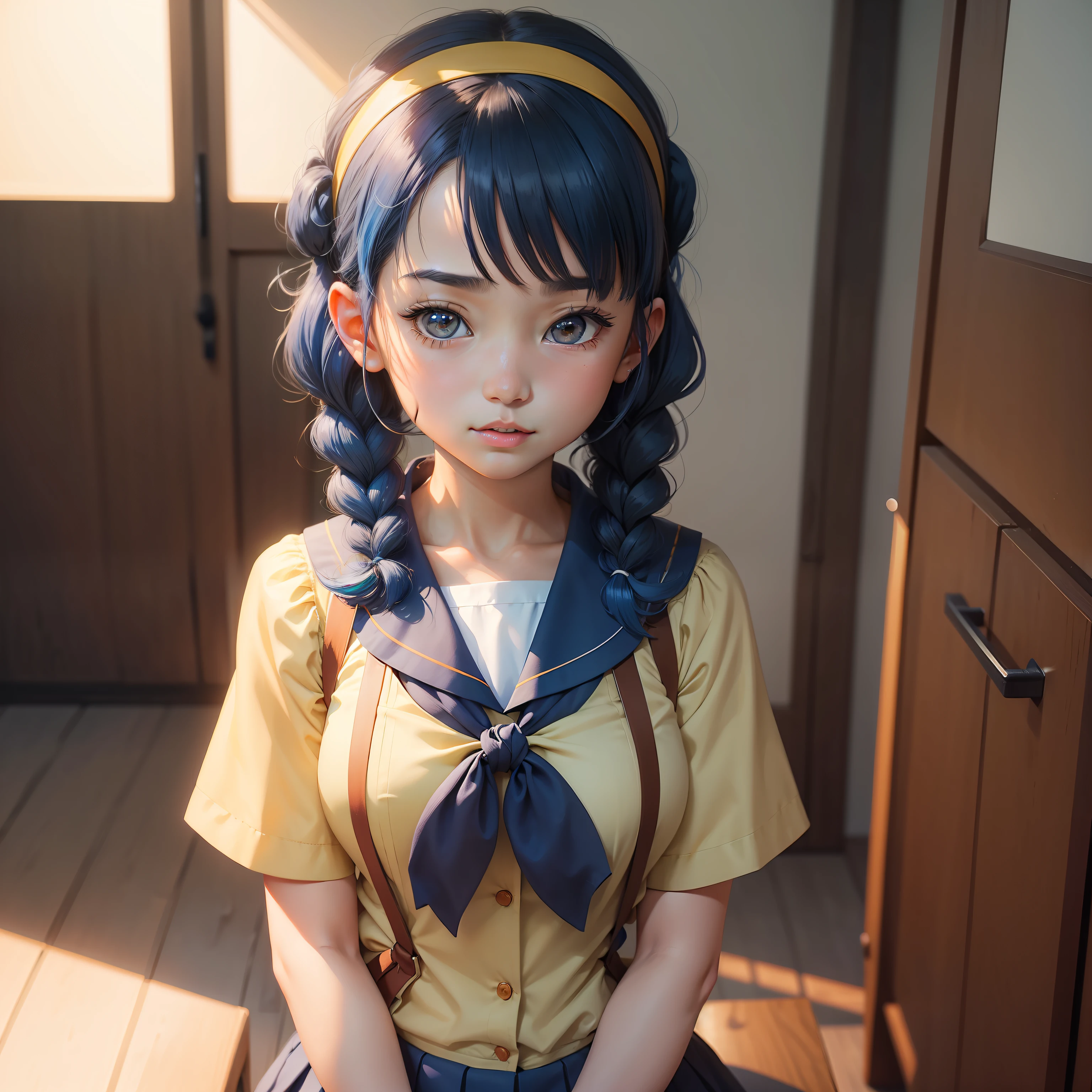 masterpiece, best quality, ultra-detailed, illustration, 1girl, solo,  furutani_himawari, blue hair, brown eyes, hairband, medium hair, low twin braids, nanamori school uniform, anime screencap, upper body
