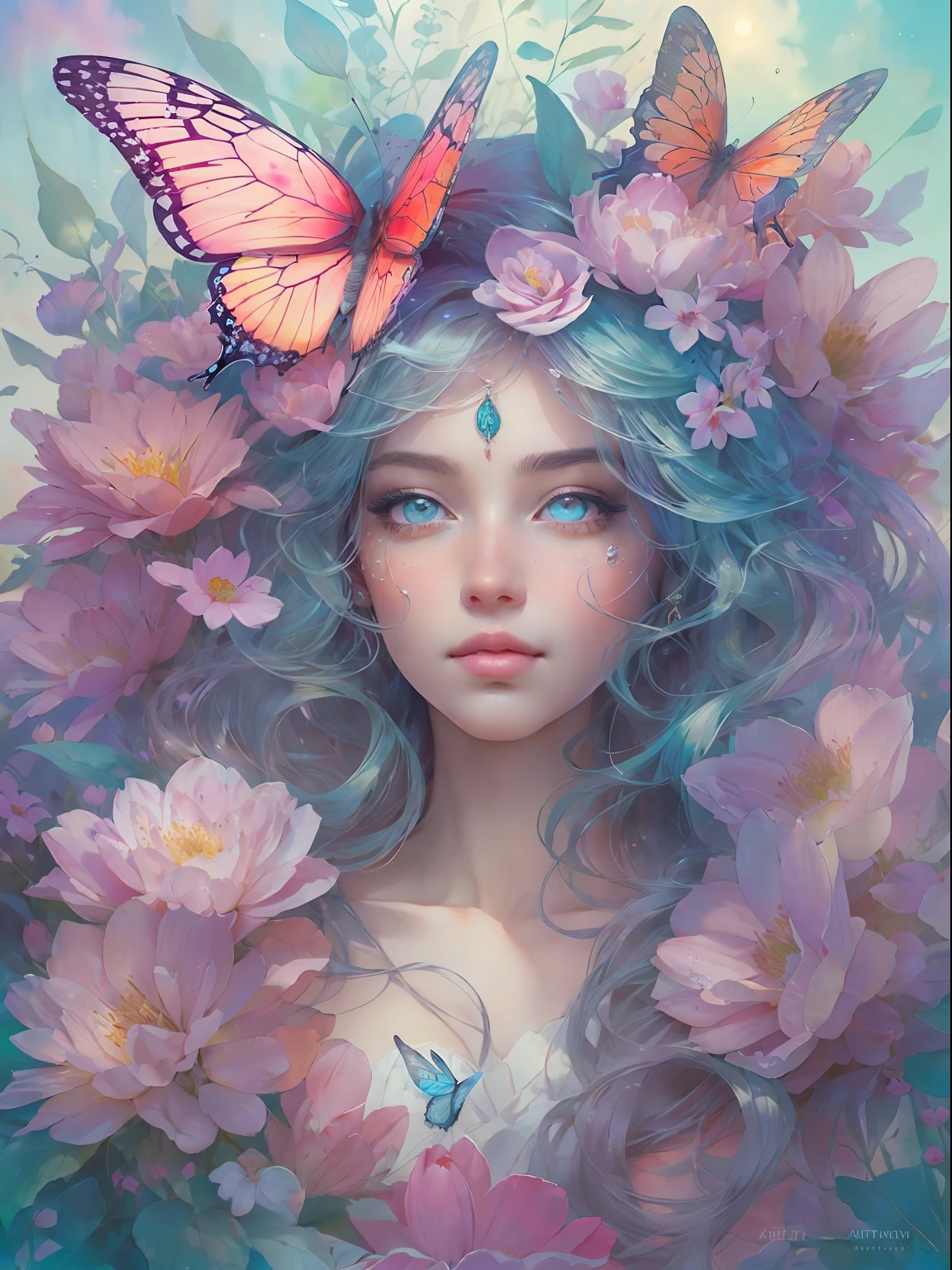 This artwork is dreamy and in the style of mythic fantasy, with soft watercolor hues in varying shades of pink, blue, and purple. Generate an ornate figure from Greek mythology and realistic skin and hair texture. Her strong, proud face has realistically shaded eyes and puffy lips, and a big mouth. Her soft, realistic hair is dancing in the breeze along with the flowers and detailed butterflies that surround her. Include highly detailed fantasy touches including a beautiful watercolor sky. Include 8k eyes, hires eyes, beautiful detail eyes, beautiful detailed eyes, and realistic eyes. Include fantasy details, enhanced details, iridescence, and colorful glitter. Pay special attention to her face and make sure it is beautifully and realistically detailed. 8k, intricate, elegant, highly detailed, majestic, digital photography, art by artgerm and ruan jia and greg rutkowski, (((masterpiece, finely detailed beautiful eyes: 1.2))), hdr, ((realistic skin texture)), rays of light, ornate flowers, dew drops, sunlight, hazy rays of sun, flowergateway style, castle, palace, archway, flowers, growing