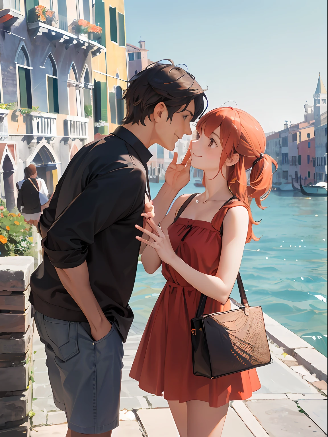 high qulity,Hyper-Resolution,finely detailed,(Communication with 2 girls,couple,pair,Each of the two girls has opposite appearances。,Summer outfits,All hair types),travel,sightseeing,
in summer,Venice,(fun smile:0.7),Face to face,