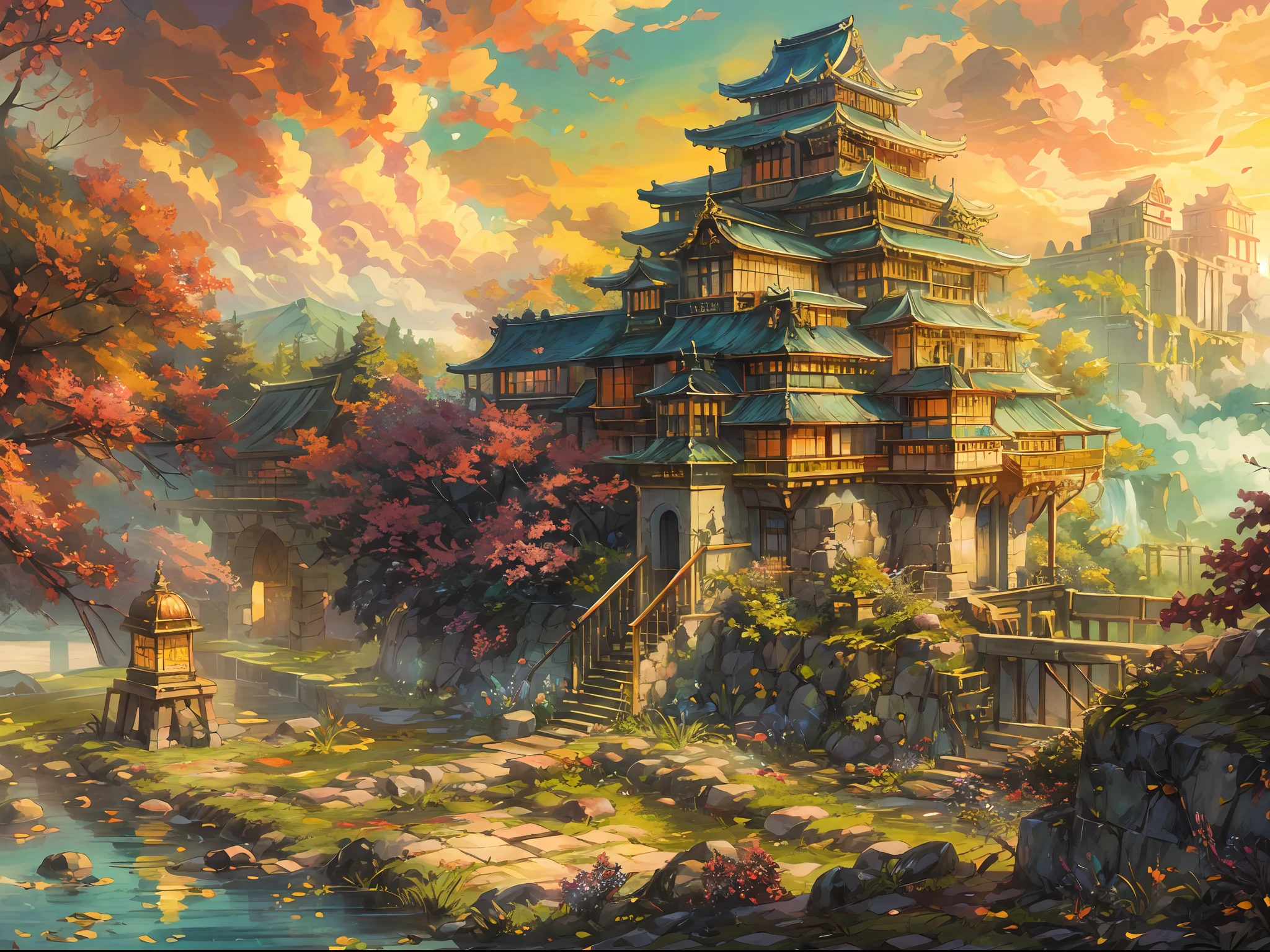 "A mesmerizing sky palace, resembling an enchanting Japanese fortress, gracefully suspended in the celestial realm, bathed in the golden hues of sunlight, emanating a vibrant and awe-inspiring spectrum. Masterpiece."