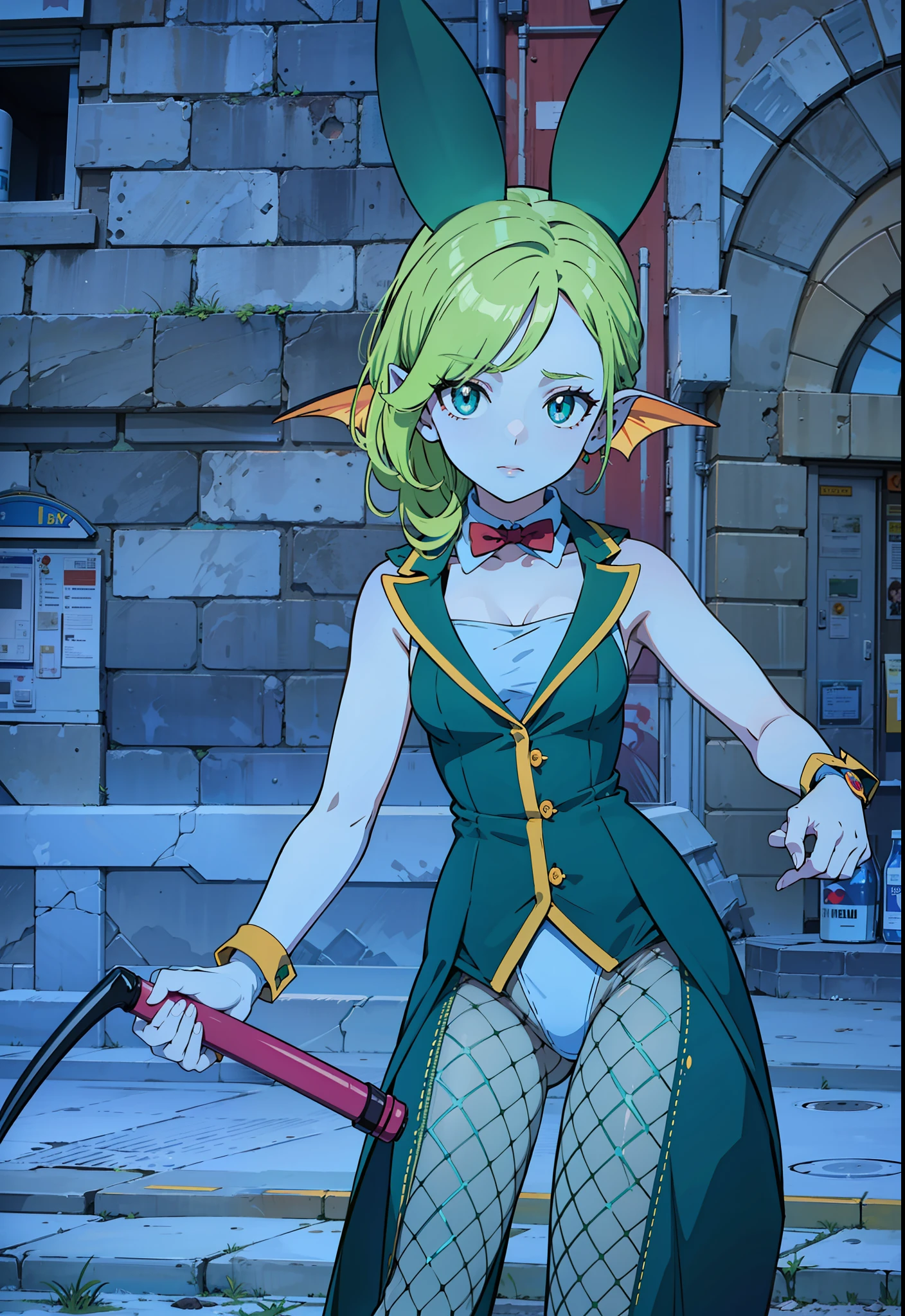 8K, High accuracy, Animated, married woman, Beautiful, a small face, Beautiful, Bright, highlight in eyes, y, ultra gigantic titxtra large breaststic, , beauline art.
She has light blue skin, Fine Orange, pointy ear, head fins, Yellow-green hair, Green costume, Green Bunny Suit, Bunny suit, Net tights on the legs, Net Tights, Whip,