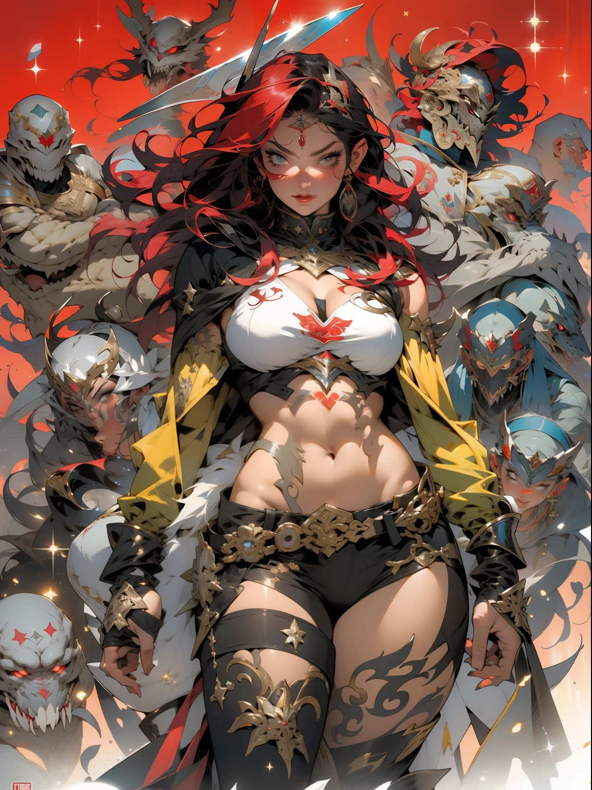 (((mulher))), (((melhor qualidade))), (((obra prima))), (((adulta))), Uma guerreira mulher de 35 anos com corpo perfeito, She-Lobo, (( under boobs )), quase nua no estilo selvagem urbano de Simon Bisley para a capa da revista Heavy Metal, cabelo loiro, Minimum clothing, armadura (vermelho escuro com estrelas brancas), cheio de pontas e rebites manchadas de tinta, tatuagem de estrelas de 5 pontas, (((corpo inteiro))), cabelo preto curto com franja branca cobrindo a testa