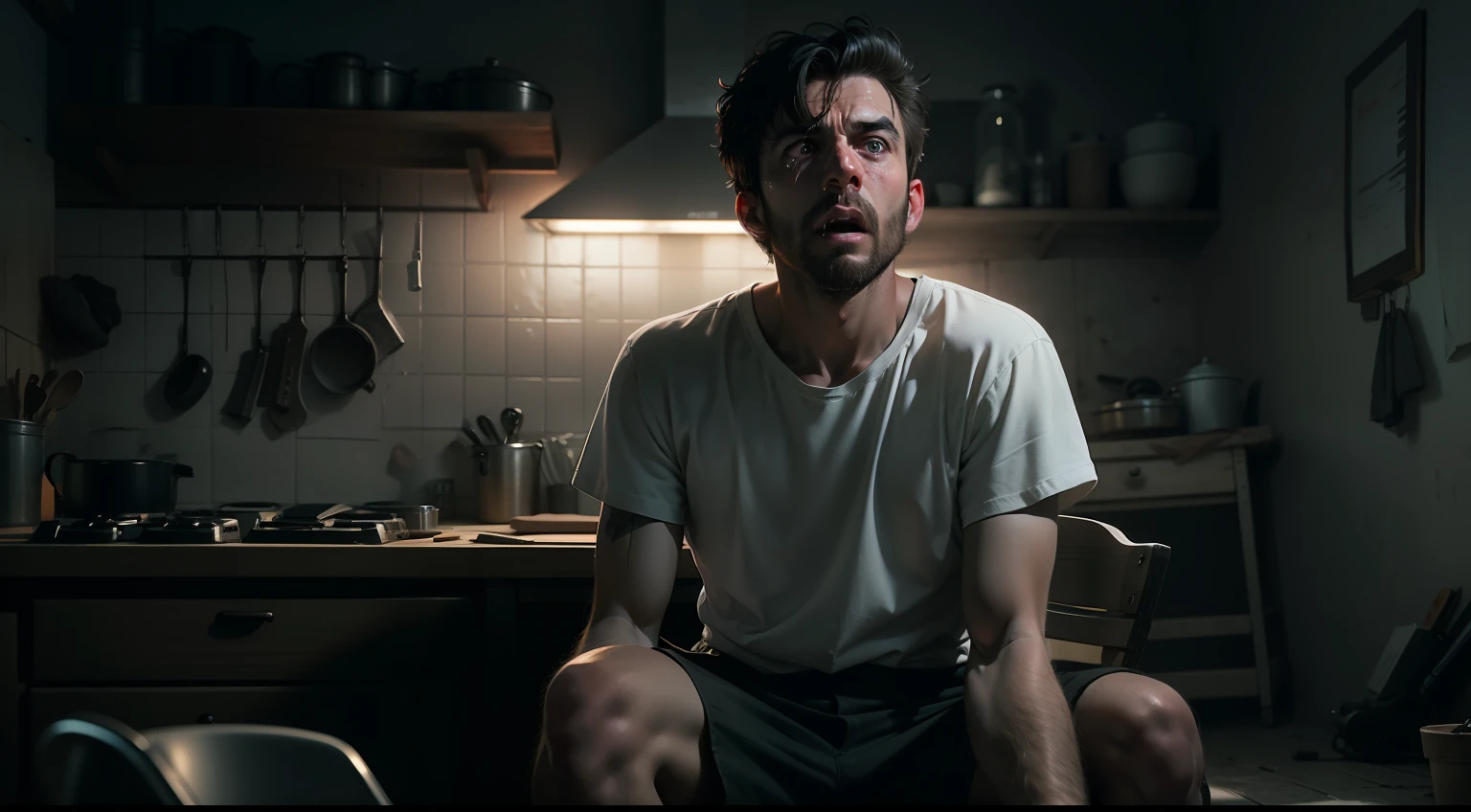 ultra realistic 8k image of a 37 year old man, short black hair, dressed in a plain white T-shirt and black shorts, horrified and gaping, sitting on a chair in a dark humble farmhouse kitchen holding a shotgun, night, completely dark environment
