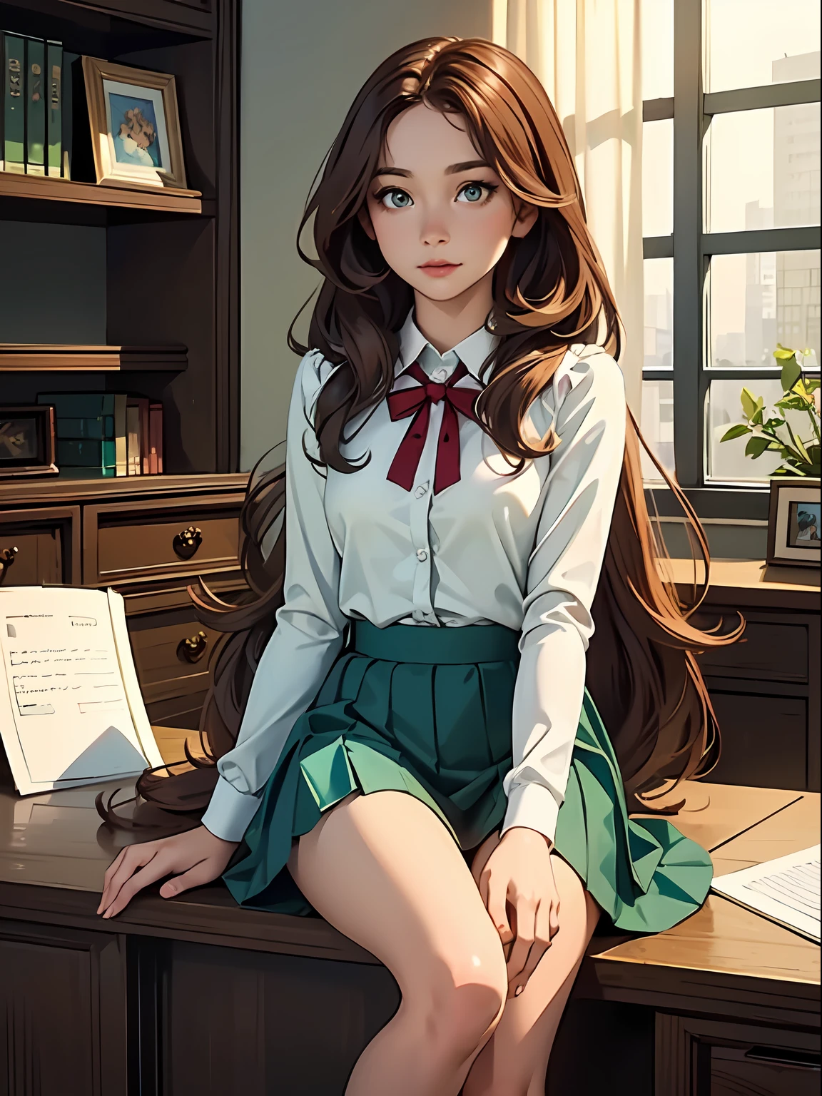 (masterpiece), best quality, beautiful detailed hair detailed face, 1 woman, solo, full-body portrait, dutch shot, perfect feminine face, very stunning woman, on office, sit on desk, chesnut brown hair, shoulder length, green eyes, office uniform