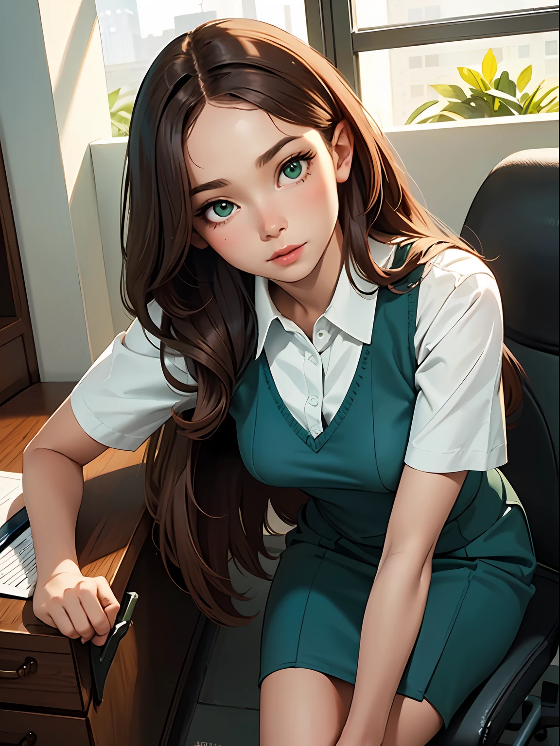 (masterpiece), best quality, beautiful detailed hair detailed face, 1 woman, solo, full-body portrait, dutch shot, perfect feminine face, very stunning woman, on office, sit on desk, chesnut brown hair, shoulder length, green eyes, office uniform