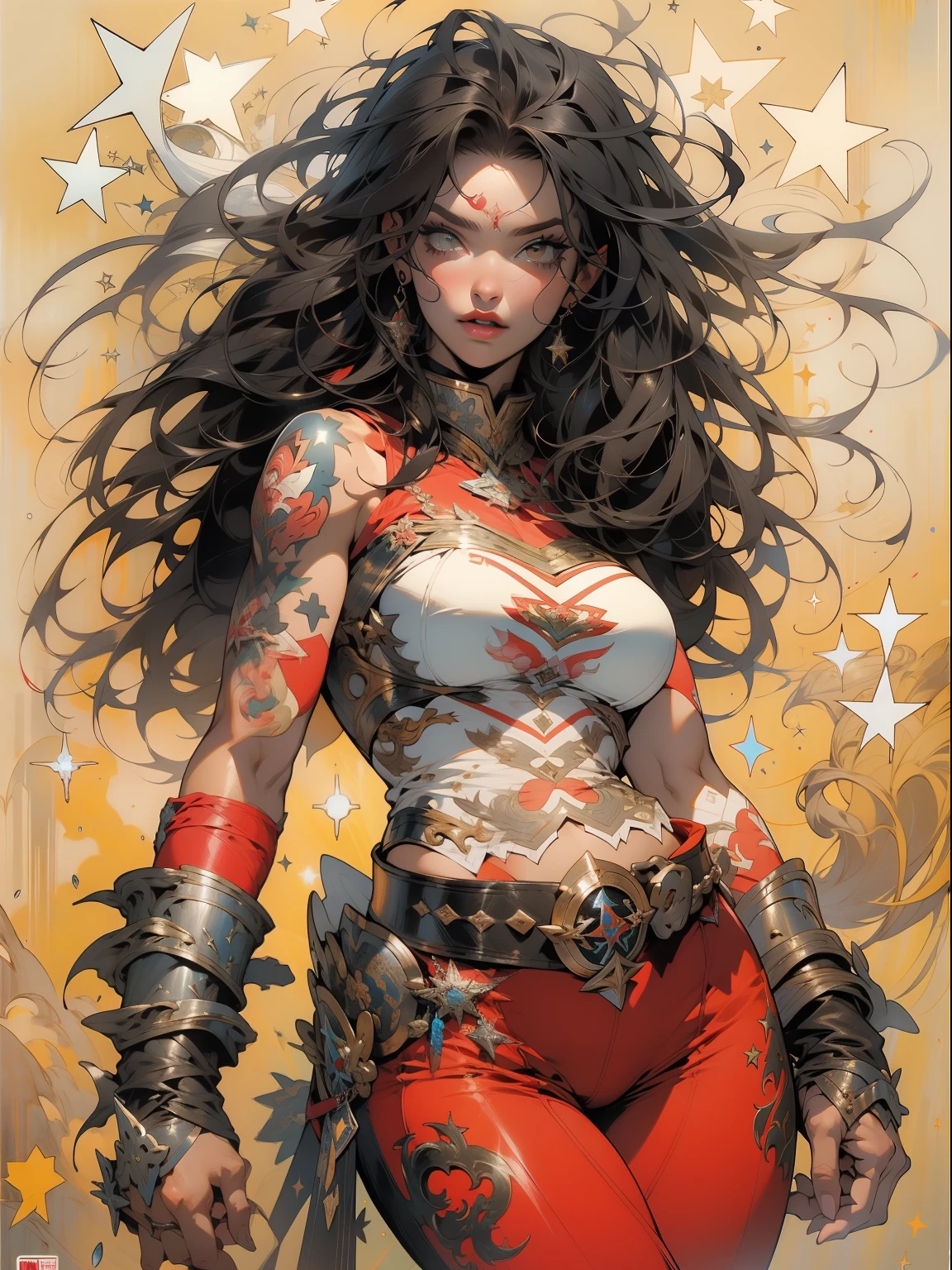 (((mulher))), (((melhor qualidade))), (((obra prima))), (((adulta))), Uma guerreira mulher de 35 anos com corpo perfeito, She-Lobo, (( under boobs )), quase nua no estilo selvagem urbano de Simon Bisley para a capa da revista Heavy Metal, cabelo loiro, Minimum clothing, armadura (vermelho escuro com estrelas brancas), cheio de pontas e rebites manchadas de tinta, tatuagem de estrelas de 5 pontas, (((corpo inteiro))), cabelo preto curto com franja branca cobrindo a testa