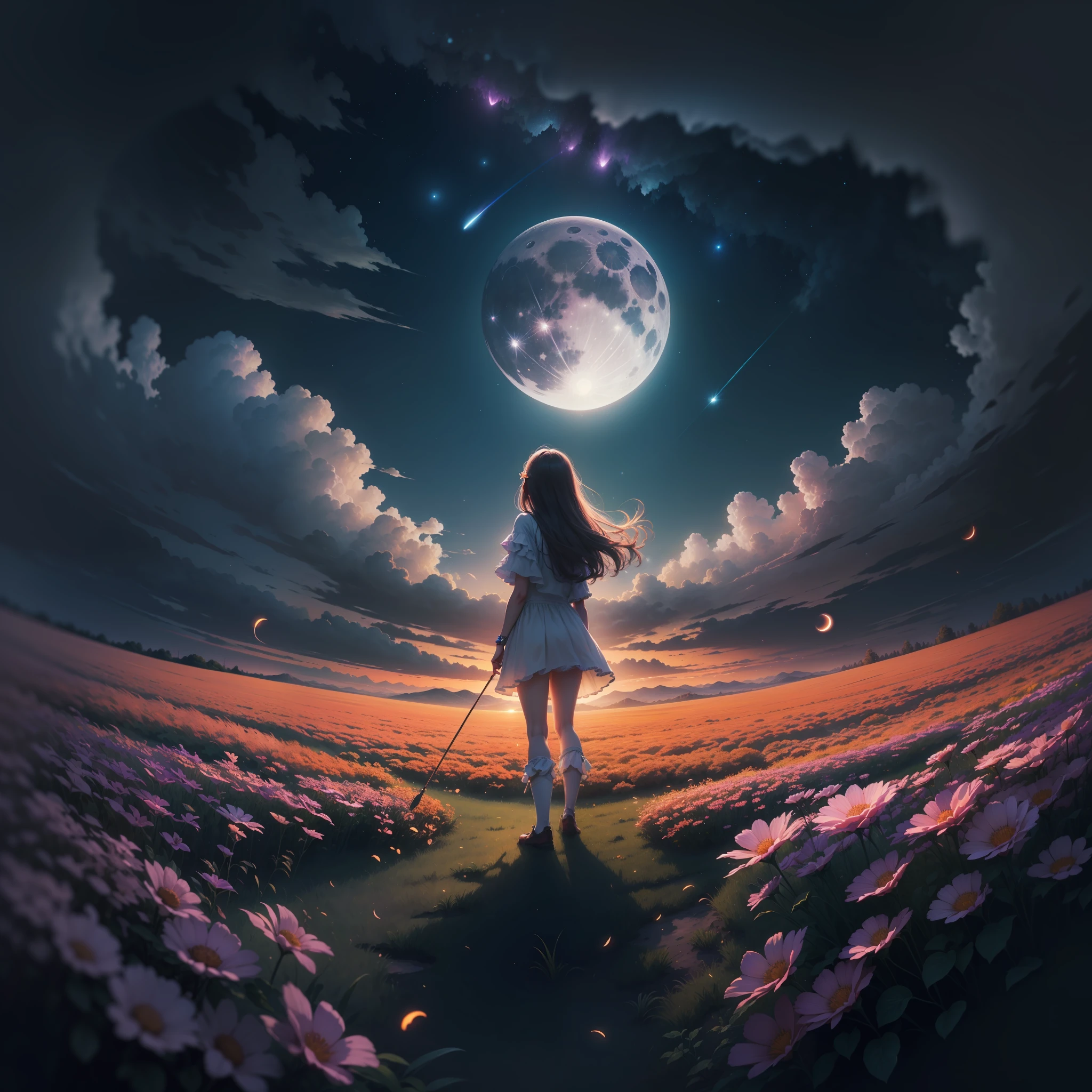 Vast landscape photo, (viewed from below, the sky is above and the open field is below), a girl standing on a flower field looking up, (full moon: 1.2), (meteor: 0.9), (nebula: 1.3), distant mountains , Trees BREAK Crafting Art, (Warm Light: 1.2), (Fireflies: 1.2), Lights, Lots of Purple and Orange, Intricate Details, Volumetric Lighting, Realism BREAK (Masterpiece: 1.2), (Best Quality), 4k, Ultra-Detailed, (Dynamic Composition: 1.4), Very Detailed, Colorful Details, (Rainbow Colors: 1.2), (Glow Lighting, Atmospheric Lighting), Dreamy, Magical, (Solo: 1.2)