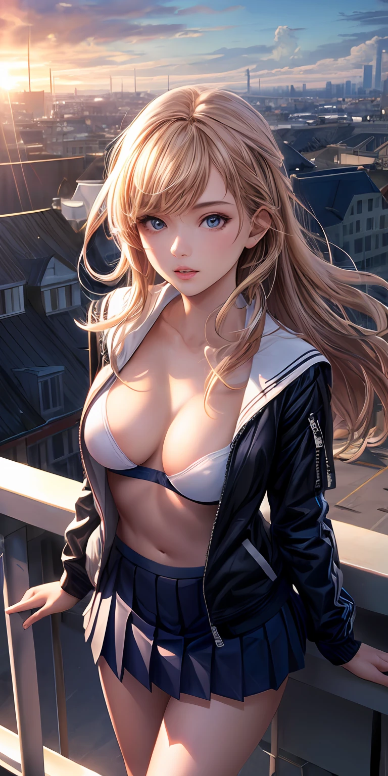 masterpiece, best quality, ultra-detailed, photorealistic, illustration,(1girl),beautiful detailed eyes, rooftop, (sunlight:1.2), (from above:1.1), leaning against railing, wind blowing hair, school, medium breasts, (breasts out:1.3) open zip jacket, cropped top:1.1), parted lips, pleated skirt