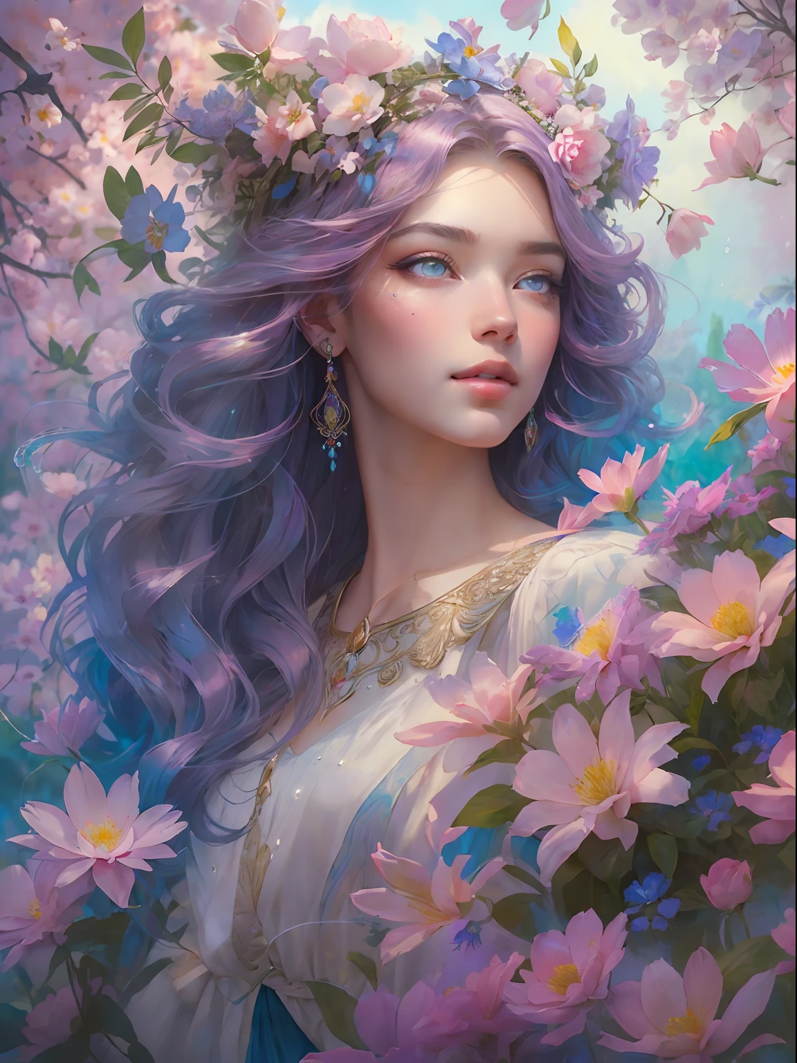 This artwork is dreamy and in the style of mythic fantasy, with soft watercolor hues in varying shades of pink, blue, and purple. Generate an ornate figure from Greek mythology and realistic skin and hair texture. Her strong, proud face has realistically shaded eyes and puffy lips, and a big mouth. Her soft, realistic hair is dancing in the breeze along with the flowers and detailed butterflies that surround her. Include highly detailed fantasy touches including a beautiful watercolor sky. Include 8k eyes, hires eyes, beautiful detail eyes, beautiful detailed eyes, and realistic eyes. Include fantasy details, enhanced details, iridescence, and colorful glitter. Pay special attention to her face and make sure it is beautifully and realistically detailed. 8k, intricate, elegant, highly detailed, majestic, digital photography, art by artgerm and ruan jia and greg rutkowski, (((masterpiece, finely detailed beautiful eyes: 1.2))), hdr, ((realistic skin texture)), rays of light, ornate flowers, dew drops, sunlight, hazy rays of sun, flowergateway style, castle, palace, archway, flowers, growing