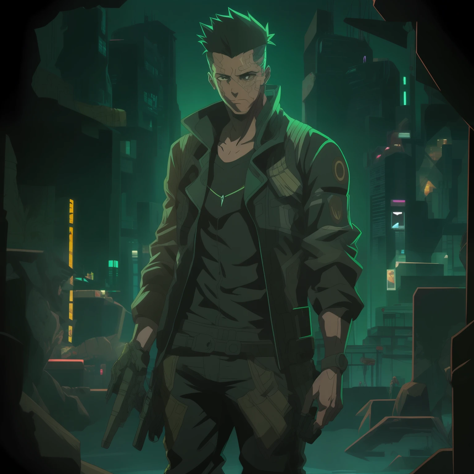 Crie a arte de um personagem humano jovem masculino, estatura mediana e porte normal, vestindo camiseta, jaqueta de trincheira longo da cor preta, estilo detetive noir, inspirado no jogo Shadowrun, cyberpunk noir fantasy