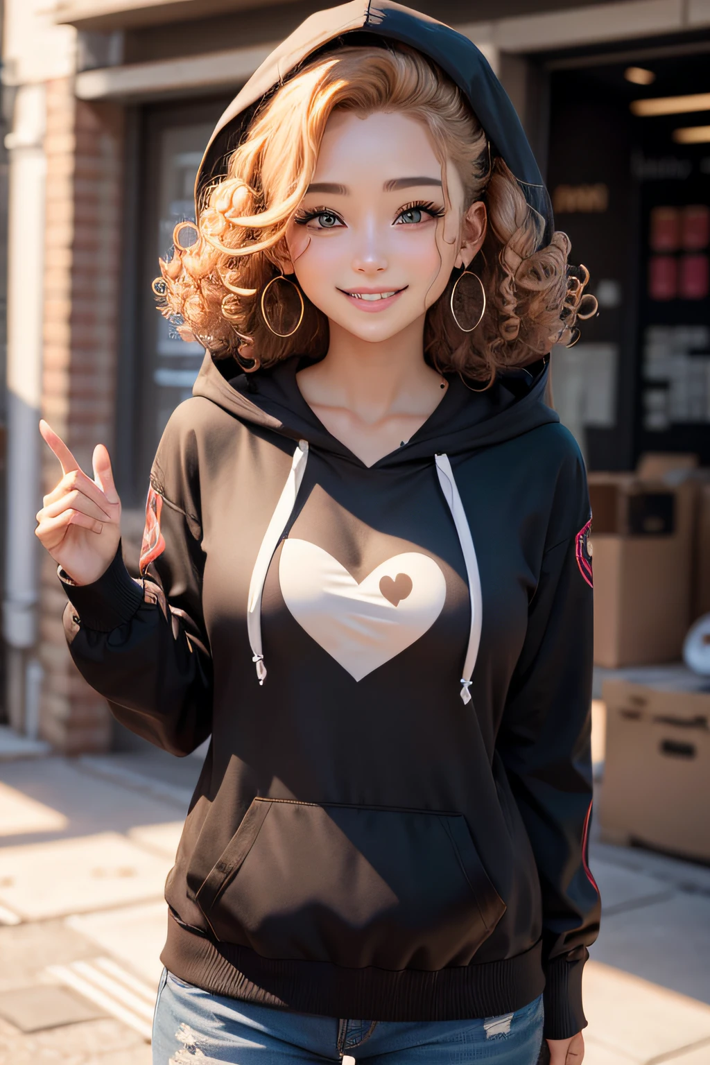 Curly hair, Hood, Heart-shaped pupils, Heart earrings, Smile, modern, Ray tracing, move chart, hyper HD ,Raised sexy,underdressing