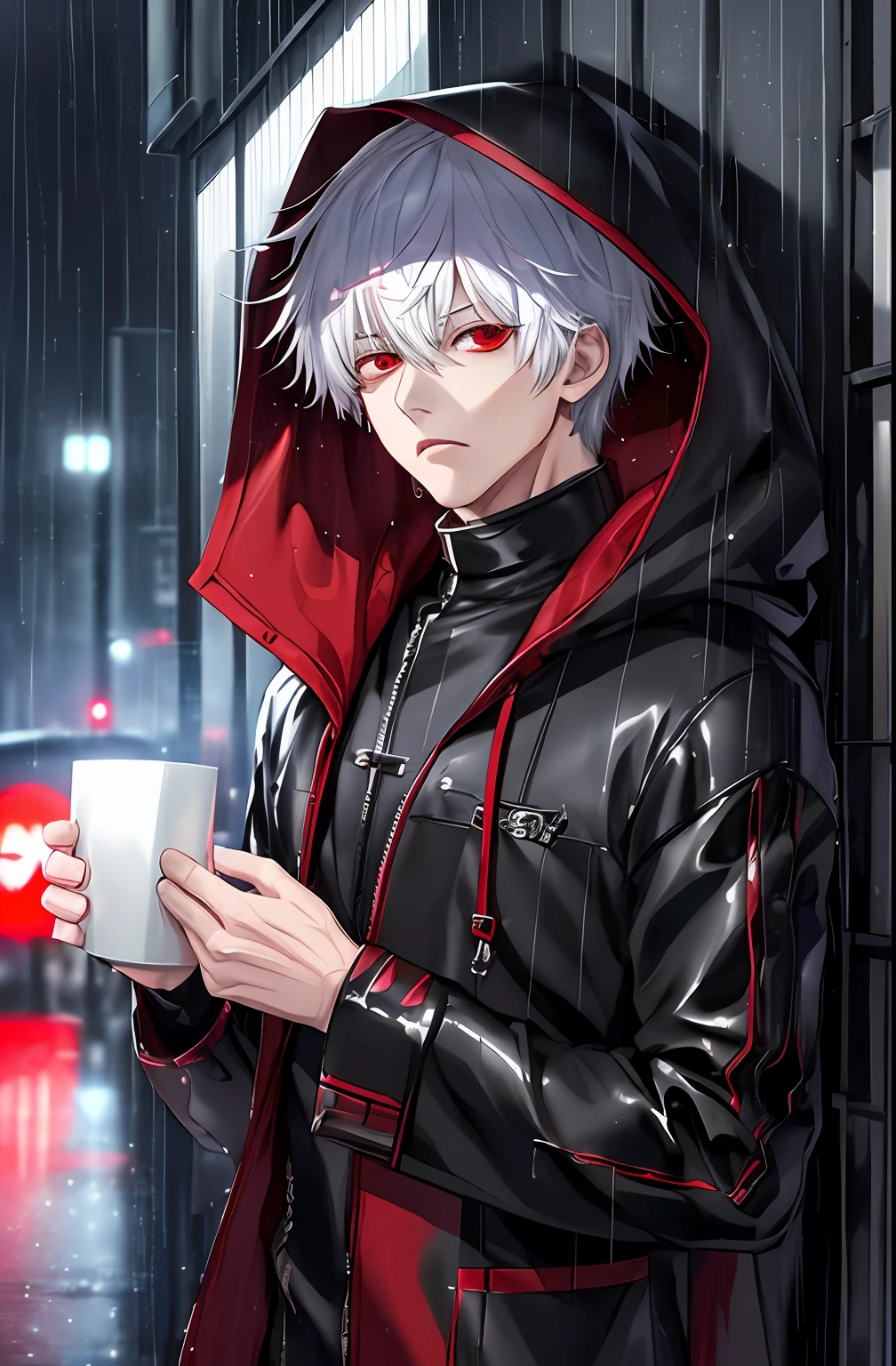 kk, best quality, more details, masterpiece, 1boy, kaneki ken, portrait, male focus, red eyes, solo, bangs, looking at viewer, hood, short hair, rain, tokyo tokyo \(city\),  hood up, nail polish, white hair, luxurious, 8k, detailed, ray tracing, depth of field, cinematic lighting,