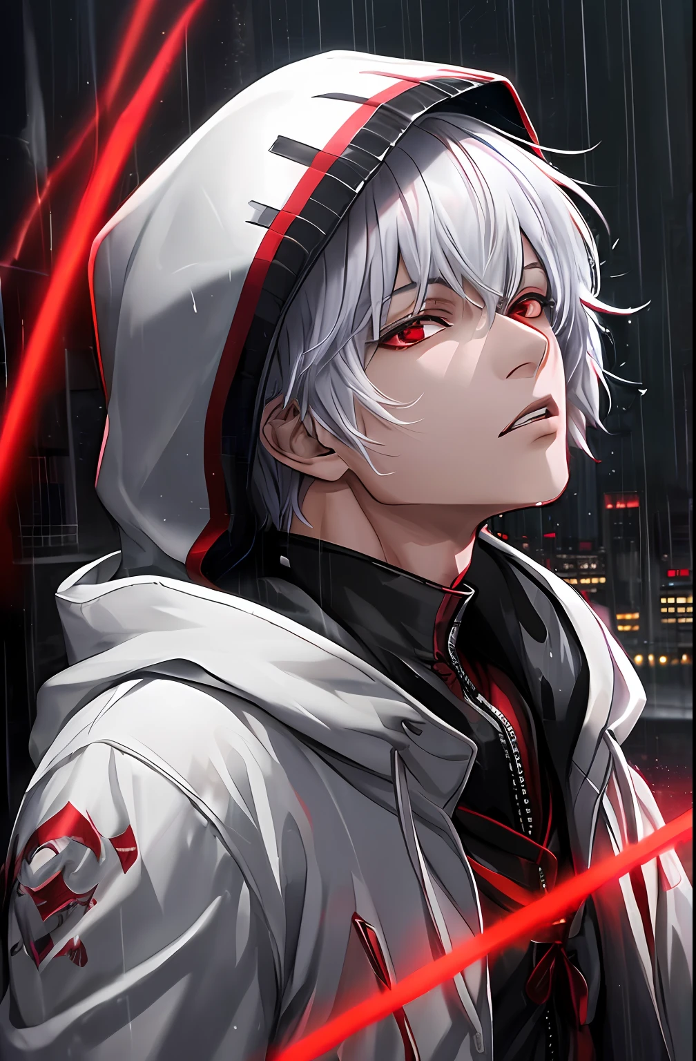kk, best quality, more details, masterpiece, 1boy, kaneki ken, portrait, male focus, red eyes, solo, bangs, looking at viewer, hood, short hair, rain, tokyo tokyo \(city\),  hood up, nail polish, white hair, luxurious, 8k, detailed, ray tracing, depth of field, cinematic lighting,