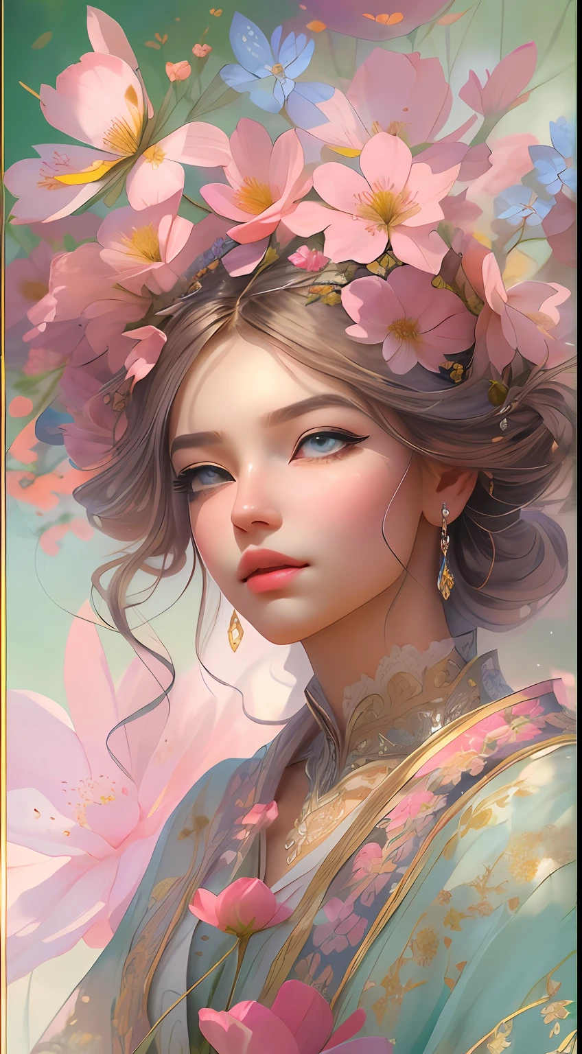 The colors in this image are soft and draw inspiration from gentle watercolors and should be primarily pink. Generate a delicate and tranquil flower princess with soft hair dancing in the wind and intricately braided. Her sweet face has puffy, kissable lips and stunning, highly realistic eyes. She has beautiful eyes, hires eyes, 8k eyes, beautiful detail eyes, beautiful detailed eyes, realistically shaded eyes, and realistic eyes in vibrant colors. She is wearing delicately detailed fabric of gossamer silk and satin. Small pink gemstones and cream pearls detail her clothing. She sits in the midst of the most beautiful meadow in the world and is surrounded by beautiful flowers of varying sizes and colors. The background is wild and unruly, with delicate flowers dancing in the wind and creating a dynamic and compelling image. An ornately flowered headdress adorns her head and soft petals fall around her. The flowers are realistic and very detailed and come in different shapes and sizes, some with iridescence and others with varying shades of pink and blue. Include a soft watercolor sky. The background is wild, with delicate flowers dancing in the wind and colorful pollen filling the air. Include realistic hair and skin texture. Include fantasy details, enhanced details, iridescence, colorful glittering wind, and pollen. Pay special attention to her face and make sure it is beautifully and realistically detailed. The image should be dreamy and ethereal. Include intricate fantasy details. 8k, intricate, elegant, highly detailed, majestic, digital photography, art by artgerm and ruan jia and greg rutkowski surreal painting pearl butterfly filigree, flower petals, (masterpiece, finely detailed beautiful eyes: 1.2), hdr, realistic skin texture, ((ornate)), ((intricate)), ((fantasy00d:1.2)), rays of light, (add details), (add more details), highly detailed, ornate flowers, dew drops, sunlight, rays of sun