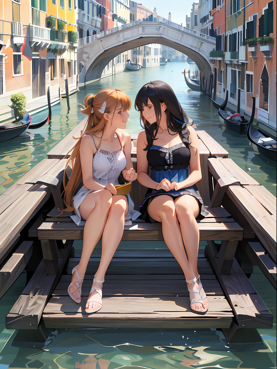 high qulity,Hyper-Resolution,finely detailed,(Communication with 2 girls,couple,pair,Each of the two girls has opposite appearances。。,Summer outfits,All hair types),travel,sightseeing,
in summer,Venice,(fun smile:0.7),Face to face,