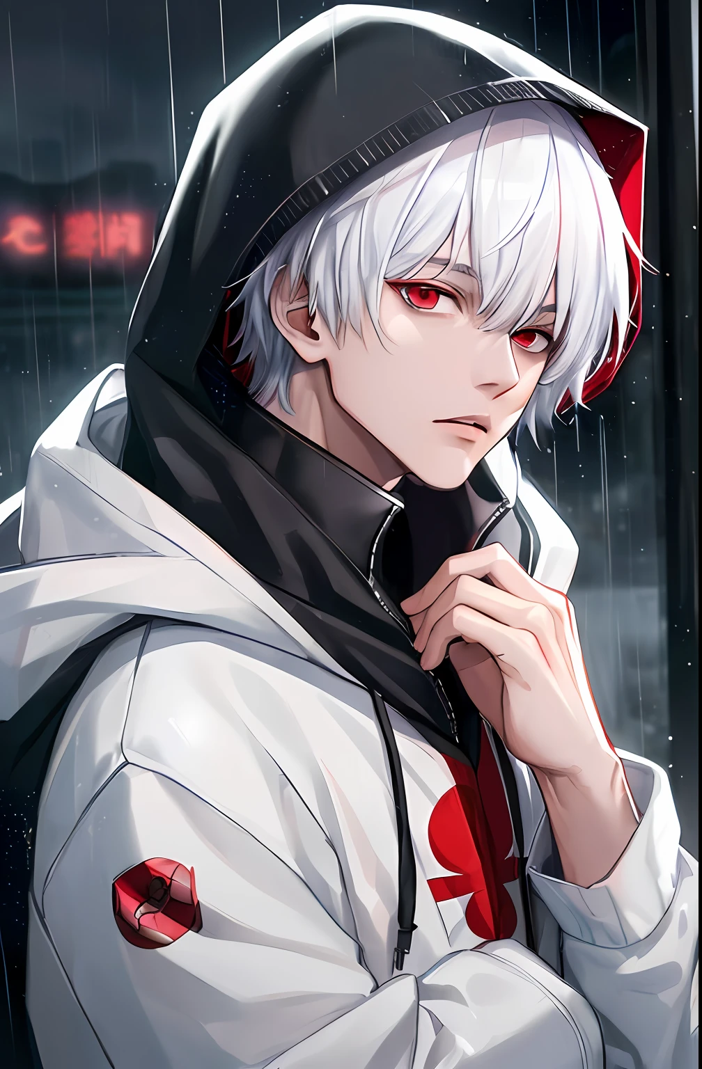 kk, best quality, more details, masterpiece, 1boy, kaneki ken, portrait, male focus, red eyes, solo, bangs, looking at viewer, hood, short hair, rain, tokyo tokyo \(city\),  hood up, nail polish, white hair, luxurious, 8k, detailed, ray tracing, depth of field, cinematic lighting,