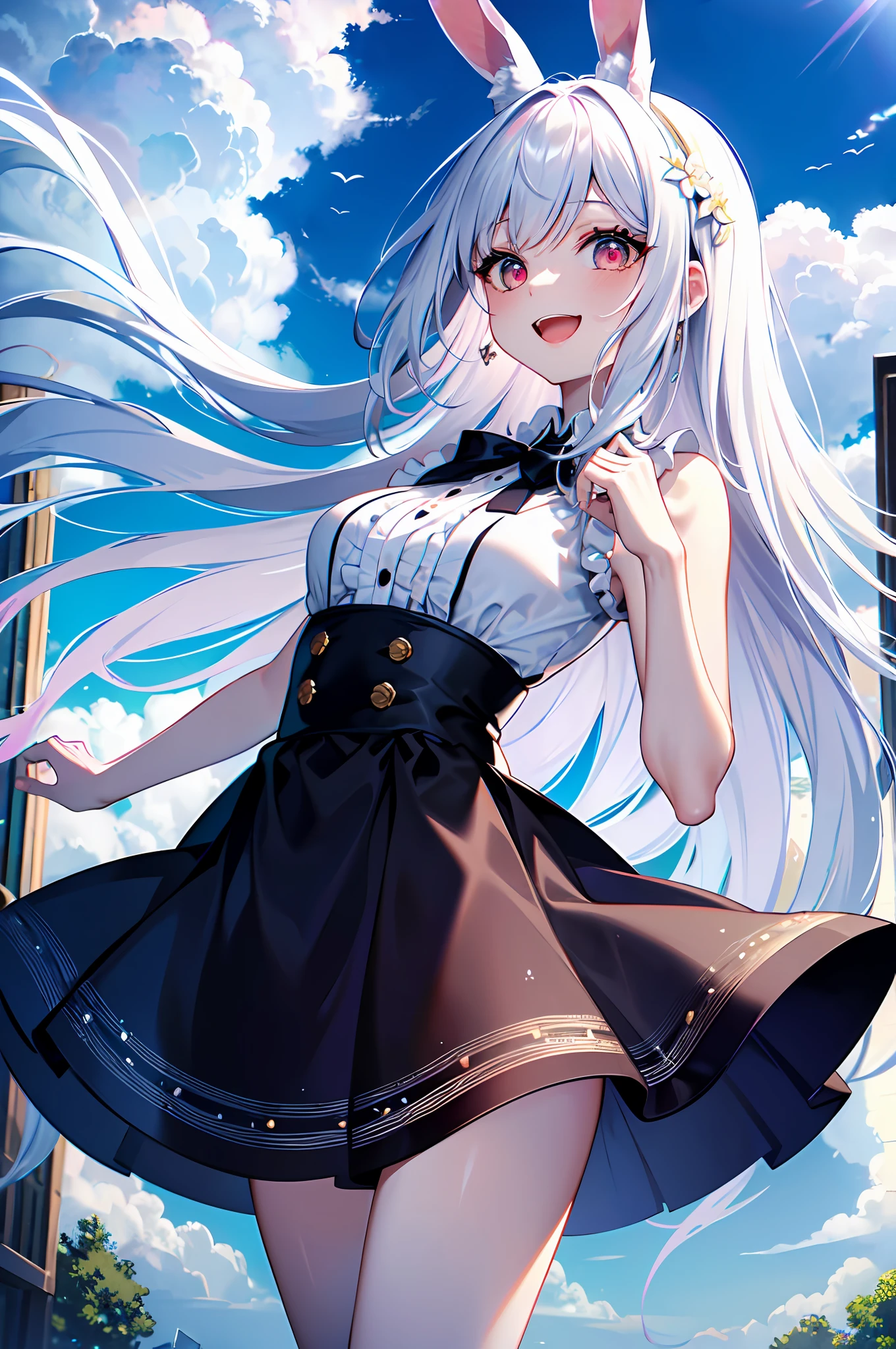 Highest Quality, ​masterpiece, unbelievably beautiful, very delicate 8k wallpaper, Transcendently Beautiful Girl, (red eyes:1.1), (masterpiece face, masterpiece eyes:1.3), BREAK, (white gal), (white skin), (long silver Hair), BREAK, Flat_Chest, (Open your mouth and laugh smile:1.5), long eyelashes, makeup, BREAK, white ruffle dress, flare skirt, rabbit ears, BREAK, (Five Fingers, 4fingers and 1thumb), flower garden, many flowers, outdoors, daytime,