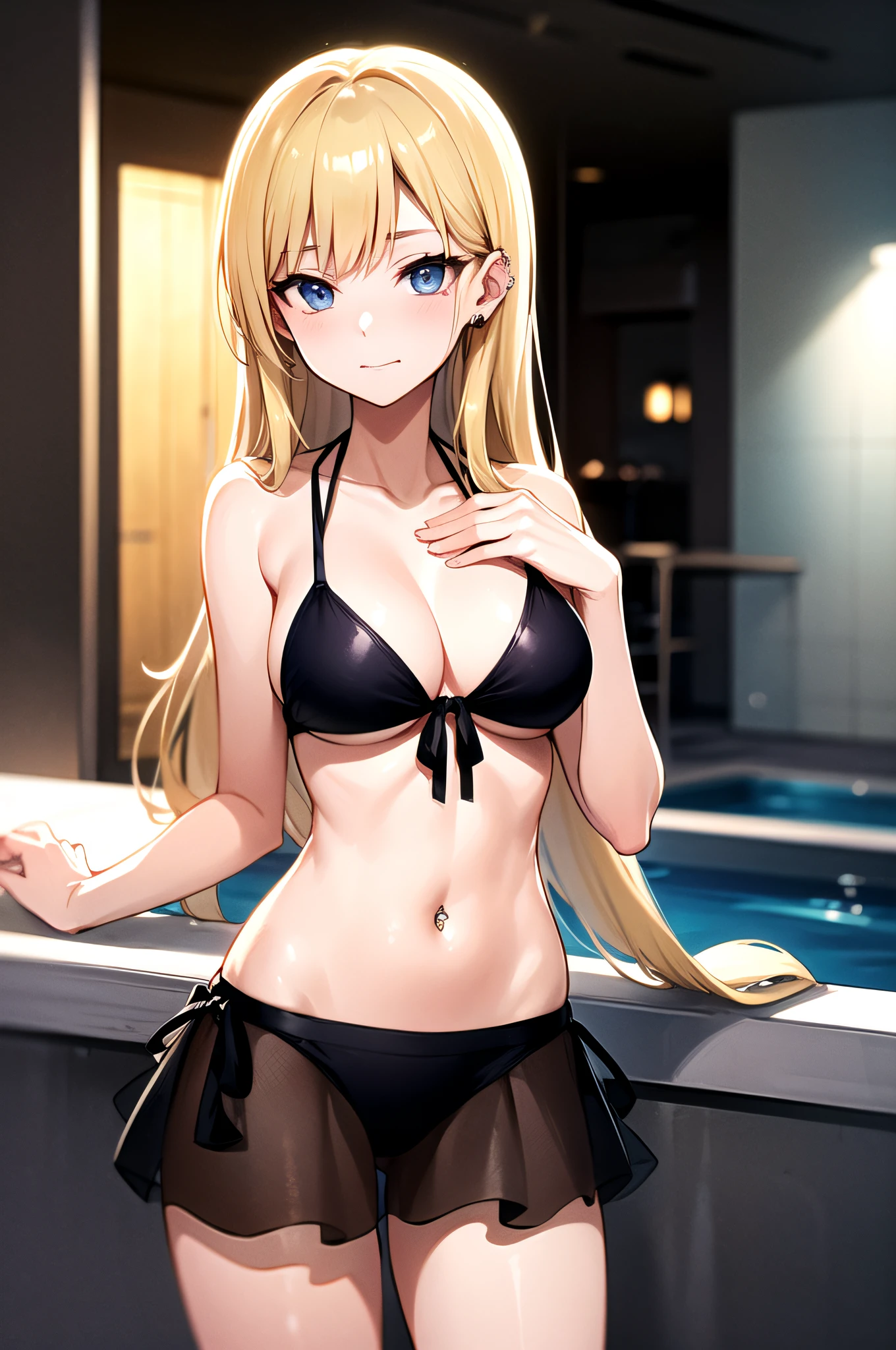 realisitic、top-quality、 1 人、a blond、Natural eye color、piercings、Shy face、Fancy Bikini、front-tie bikini top、beautiful boob 、Dark night pool、Particles of light、profetional lighting、wall-paper、