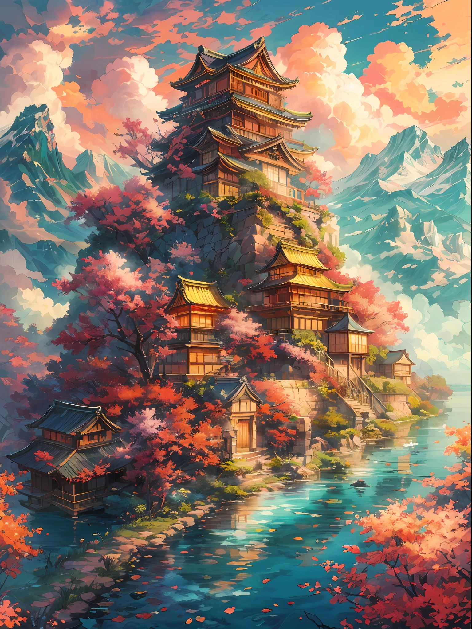 "A stunning Japanese-style fortress on a floating sky island, bathed in warm sunlight, enveloped by fluffy clouds, and featuring vibrant and mesmerizing colors. Masterpiece."