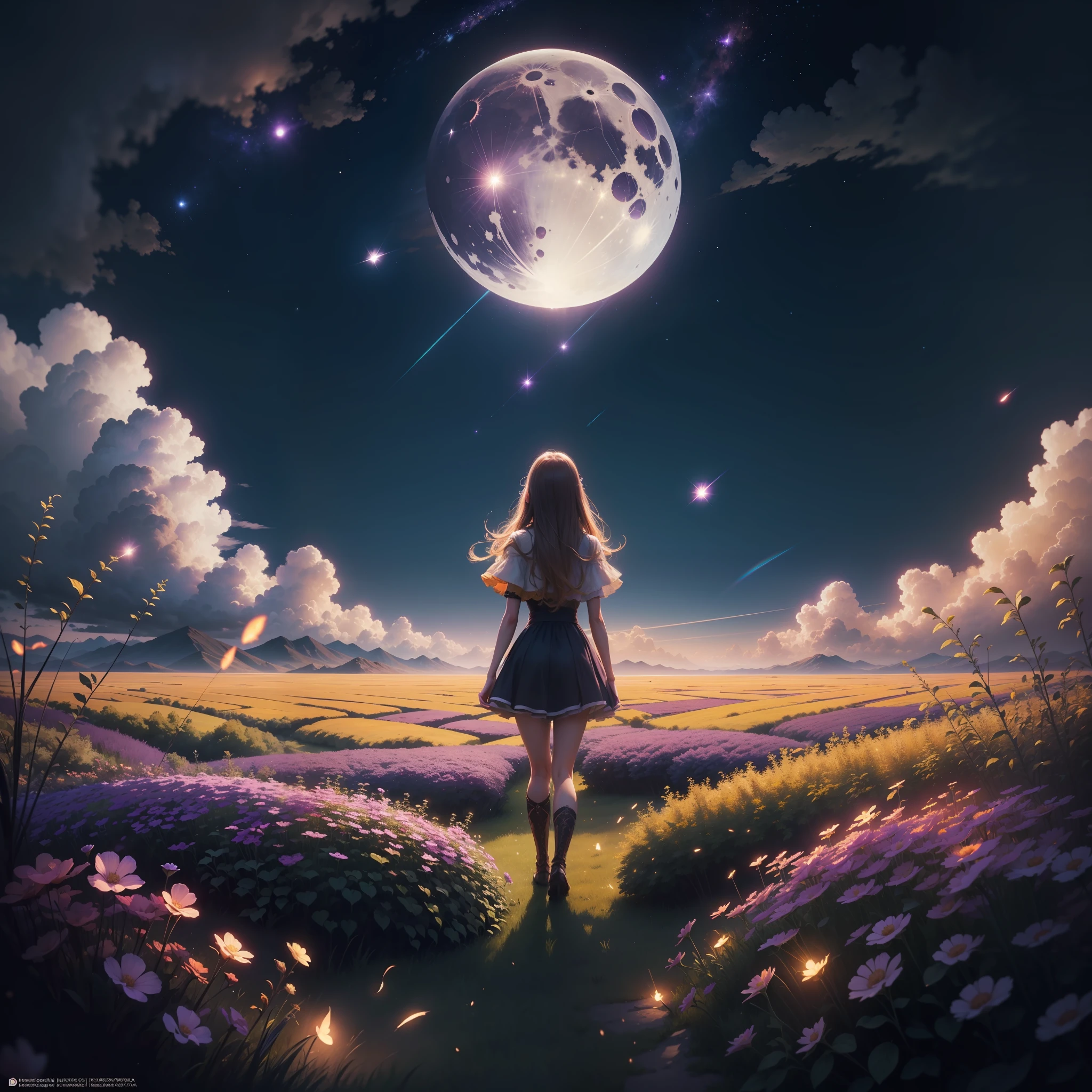 Vast landscape photo, (viewed from below, the sky is above and the open field is below), a girl standing on a flower field looking up, (full moon: 1.2), (meteor: 0.9), (nebula: 1.3), distant mountains , Trees BREAK Crafting Art, (Warm Light: 1.2), (Fireflies: 1.2), Lights, Lots of Purple and Orange, Intricate Details, Volumetric Lighting, Realism BREAK (Masterpiece: 1.2), (Best Quality), 4k, Ultra-Detailed, (Dynamic Composition: 1.4), Very Detailed, Colorful Details, (Rainbow Colors: 1.2), (Glow Lighting, Atmospheric Lighting), Dreamy, Magical, (Solo: 1.2)
