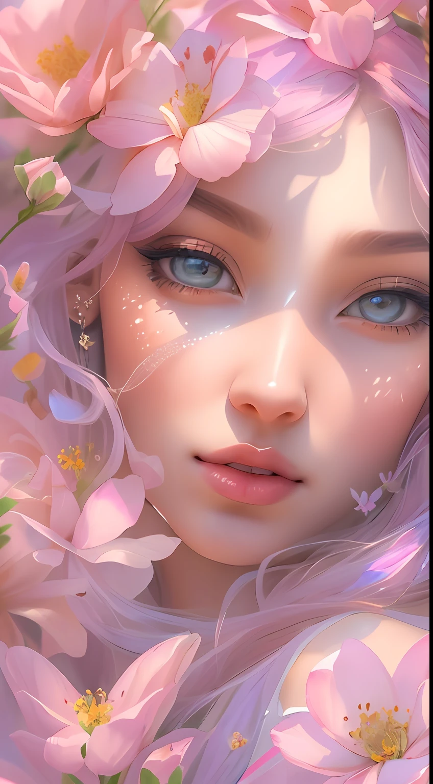 The colors in this image are soft and draw inspiration from gentle watercolors and should be primarily pink. Generate a delicate and tranquil flower princess with soft hair dancing in the wind and intricately braided. Her sweet face has puffy, kissable lips and stunning, highly realistic eyes. She has beautiful eyes, hires eyes, 8k eyes, beautiful detail eyes, beautiful detailed eyes, realistically shaded eyes, and realistic eyes in vibrant colors. She is wearing delicately detailed fabric of gossamer silk and satin. Small pink gemstones and cream pearls detail her clothing. She sits in the midst of the most beautiful meadow in the world and is surrounded by beautiful flowers of varying sizes and colors. The background is wild and unruly, with delicate flowers dancing in the wind and creating a dynamic and compelling image. An ornately flowered headdress adorns her head and soft petals fall around her. The flowers are realistic and very detailed and come in different shapes and sizes, some with iridescence and others with varying shades of pink and blue. Include a soft watercolor sky. The background is wild, with delicate flowers dancing in the wind and colorful pollen filling the air. Include realistic hair and skin texture. Include fantasy details, enhanced details, iridescence, colorful glittering wind, and pollen. Pay special attention to her face and make sure it is beautifully and realistically detailed. The image should be dreamy and ethereal. Include intricate fantasy details. 8k, intricate, elegant, highly detailed, majestic, digital photography, art by artgerm and ruan jia and greg rutkowski surreal painting pearl butterfly filigree, flower petals, (masterpiece, finely detailed beautiful eyes: 1.2), hdr, realistic skin texture, ((ornate)), ((intricate)), ((fantasy00d:1.2)), rays of light, (add details), (add more details), highly detailed, ornate flowers, dew drops, sunlight, rays of sun