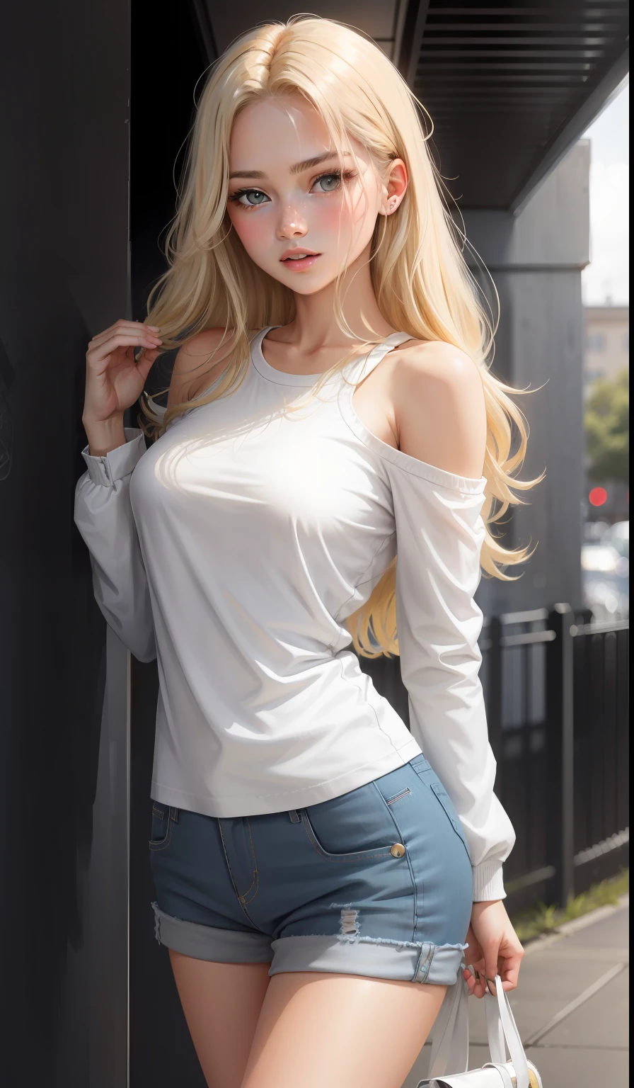 a woman in a casual clothing, white long sleeve T-shirt and shorts ,converse shoes, 17 years old, adult face, shoulder length slightly wavy hair, ((ashen blonde hair)) and gleaming detailed vibrant hazel eyes, slim frame, medium breasts, long legs, beautiful face, medium butt size, small feet size, small hand size, perfect hands, scary face, beautiful face, pretty face, hot woman, British woman, cream skin, small soft pink lips , small to medium breast size, sharp features, slim hourglass figure