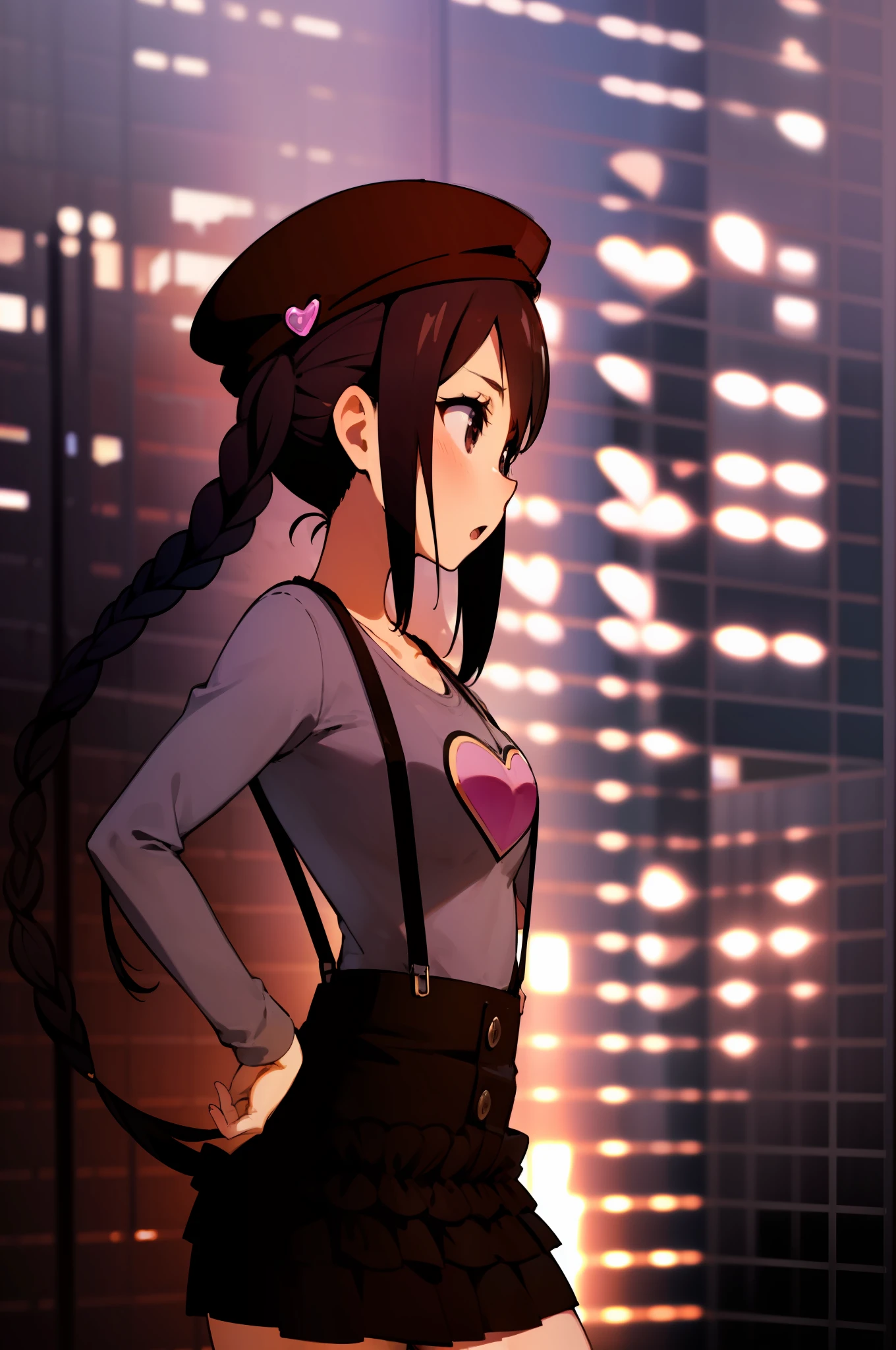 1girl, (((masterpiece))), top-quality, top-quality, High Details, nakano azusa, 1girl, Twin-tailed, length hair, A dark-haired, brown-eyed, Gray T-shirt.suspenders.a black skirt.illustratio, comic strip, soothing tones, Subdued Color, Soft cinematic light, adobe lightroom, photolab, HDR, intricately and hyper-detailed、(((depth of fields))))。(((masterpiece)))。(((top-quality))).)((ultra-detailliert)))。(((illustratio)))。(((takeout))).dynamic focus.big breasts.(((Skyscrapers))).(((A city scape))).(((Face of sadness))). open mouth.(((put hands on the hip))).(((up chest))).((evening glow)).((the setting sun)).(((Heart on chest))).Feathered hat.Looking from the side
