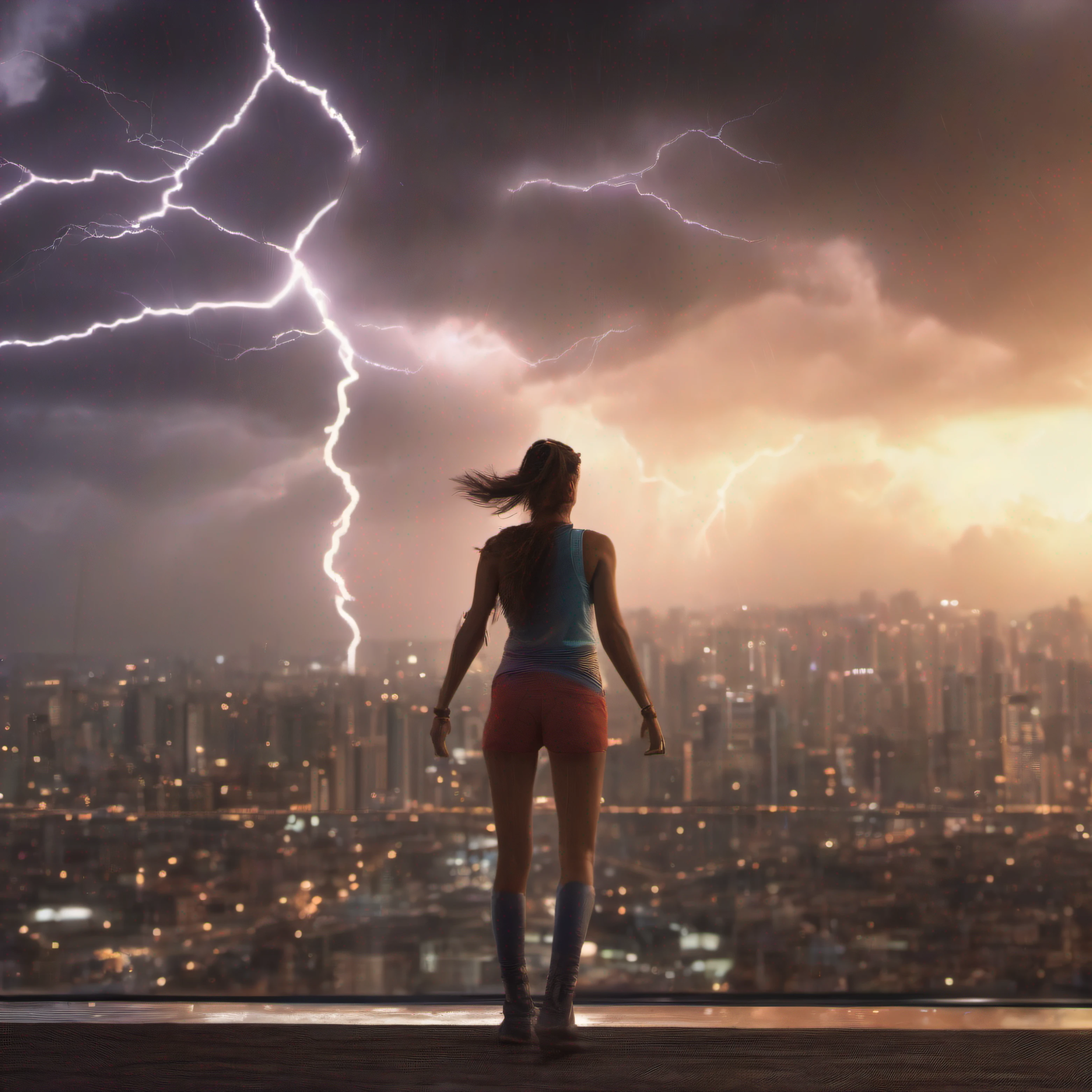 mulher maravilha, fisiculturista, correndo, no fundo uma cidade, lightning in the sky, ultra detalhes, ultra realista, cinemactic, octane render, 16k