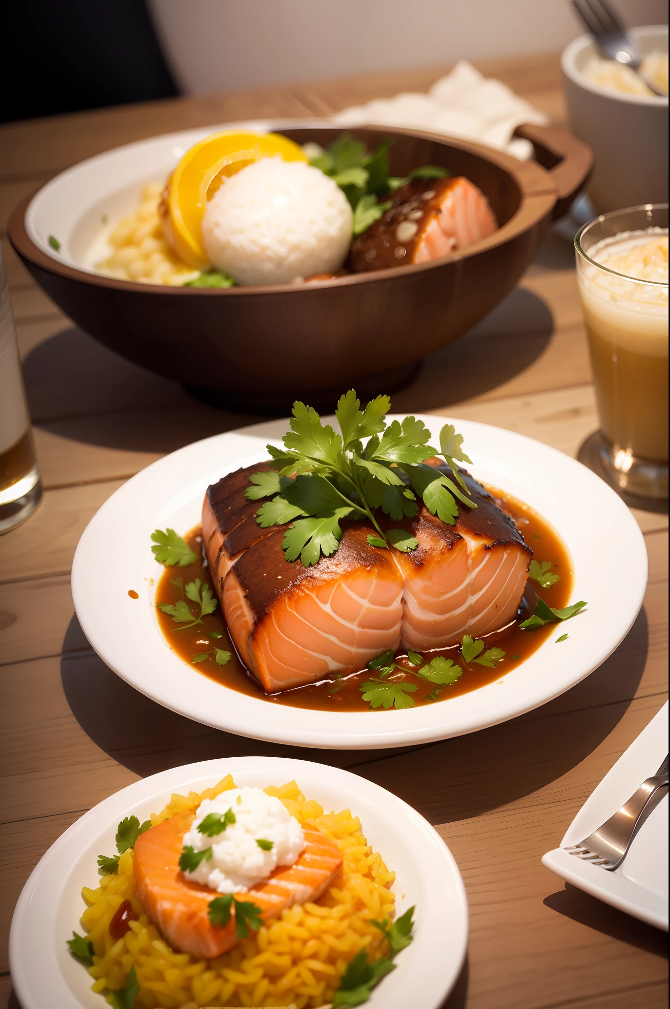 four bowls of food with salmon, ervilhas e arroz neles, imagem de comida super realista, resultado de fotografia altamente detalhado, Fotografia de comida de alta qualidade, fotografia profissional de alimentos, foto de comida profissional, Fotografia de comida HD.